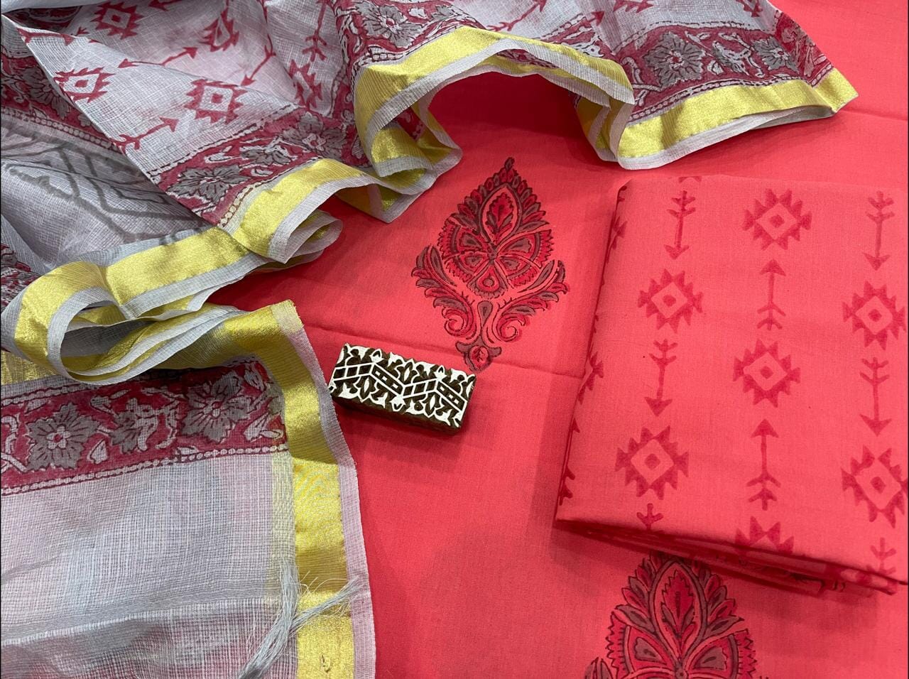 Bagru Printed Cotton Dress Material with Kota Silk(Semi) Dupatta