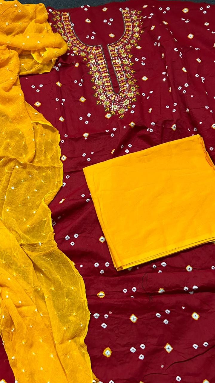 Bandhej Cotton Dress Material with Pure Chiffon Dupatta