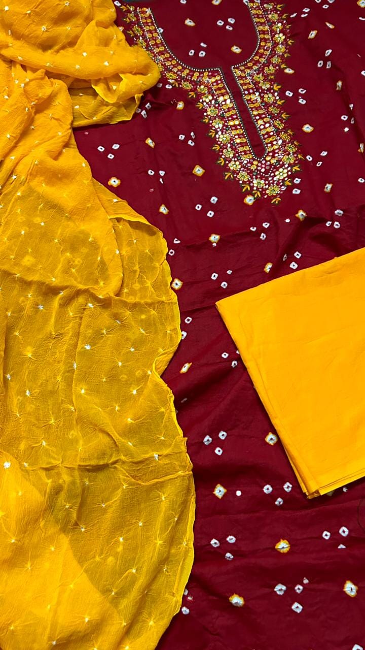 Bandhej Cotton Dress Material with Pure Chiffon Dupatta