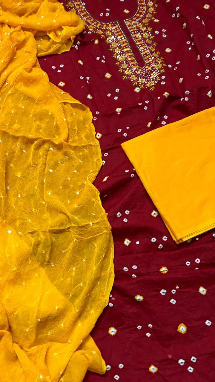 Bandhej Cotton Dress Material with Pure Chiffon Dupatta