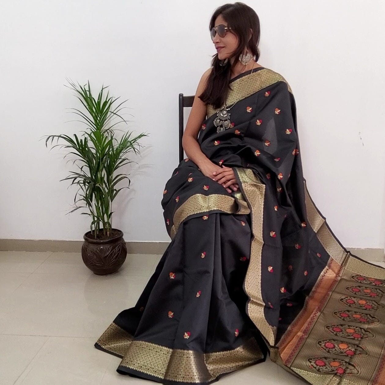 Black Cotton Silk Saree with Zari Border