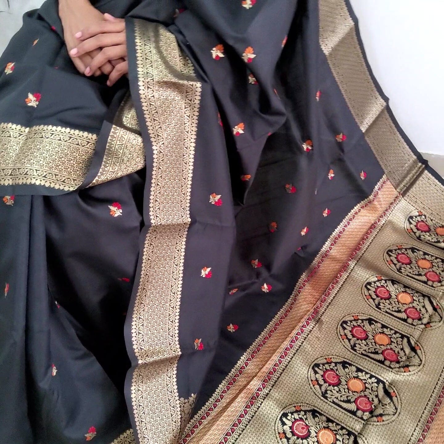 Black Cotton Silk Saree with Zari Border