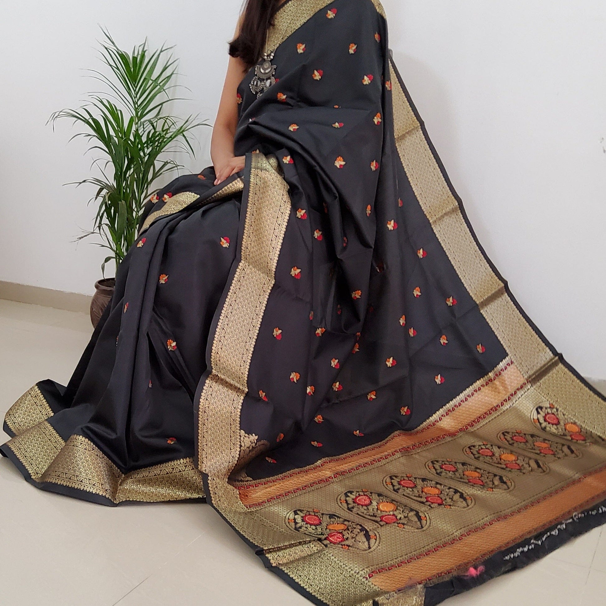 Black Cotton Silk Saree with Zari Border