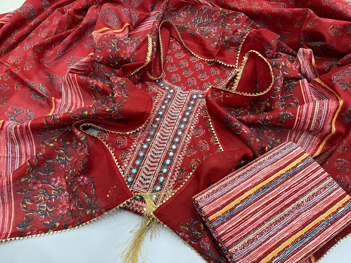 Block Print Cotton Embroidered Dress Material with Cotton Dupatta