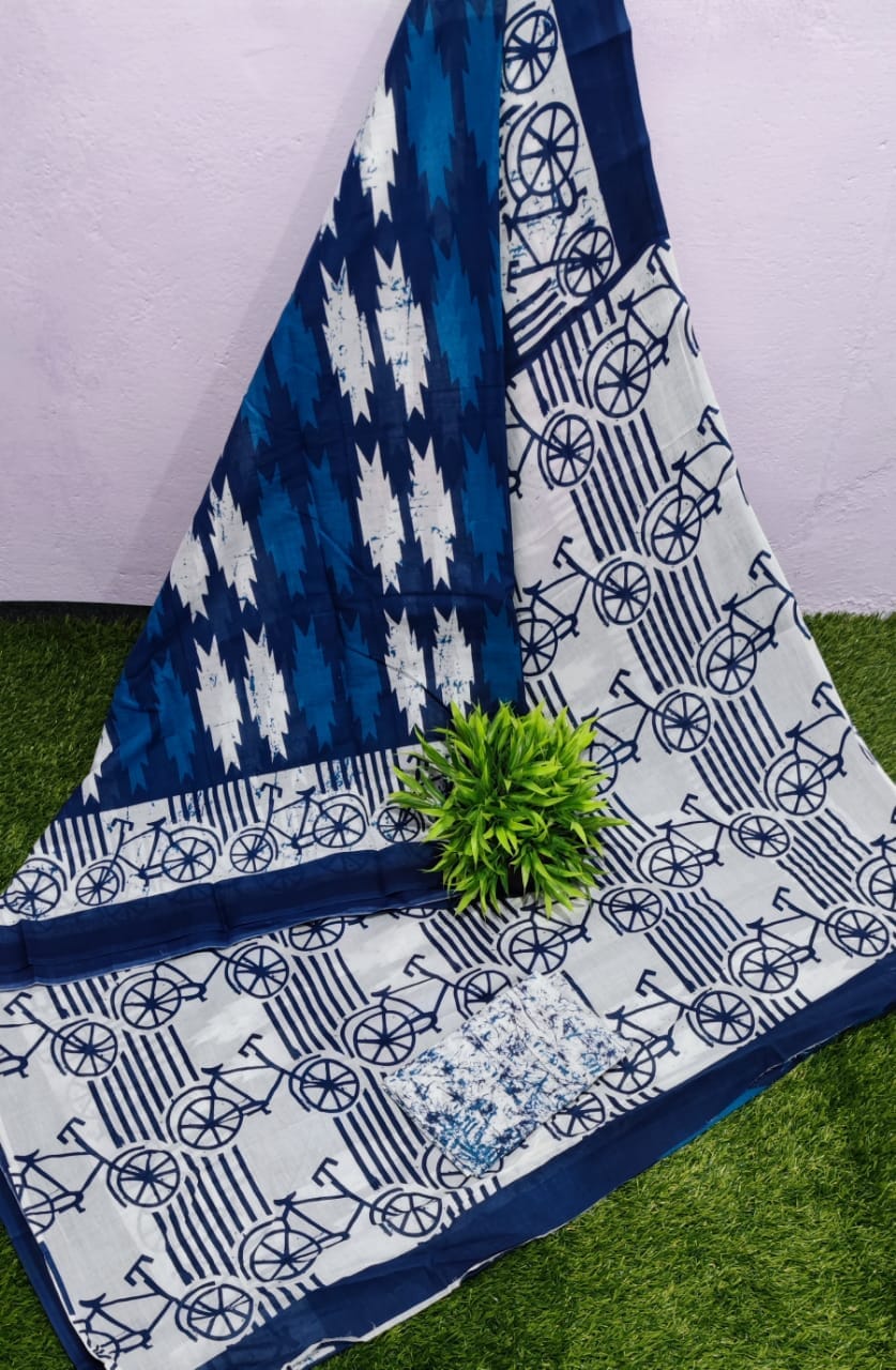 Cotton Indigo Block Print saree with blouse