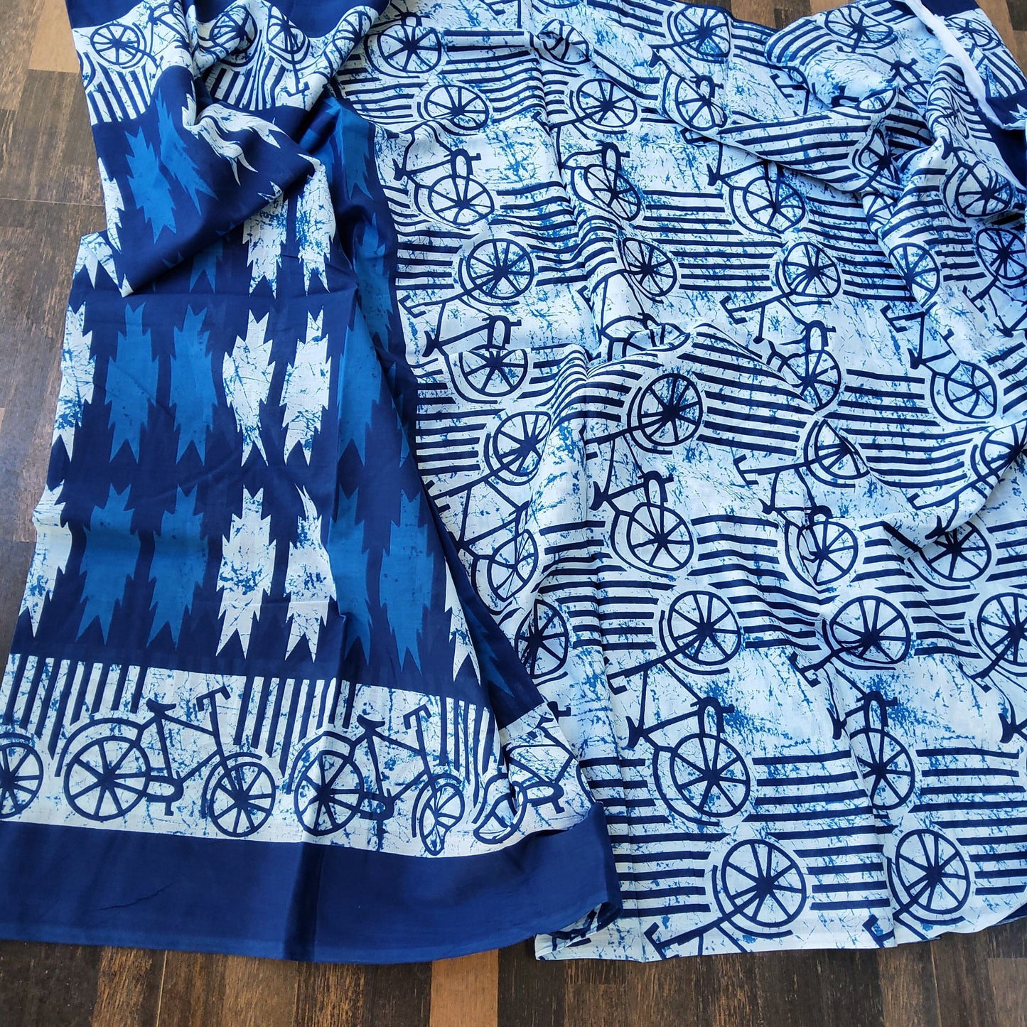 Indigo Hand BlockPrint Cotton Saree with Blouse