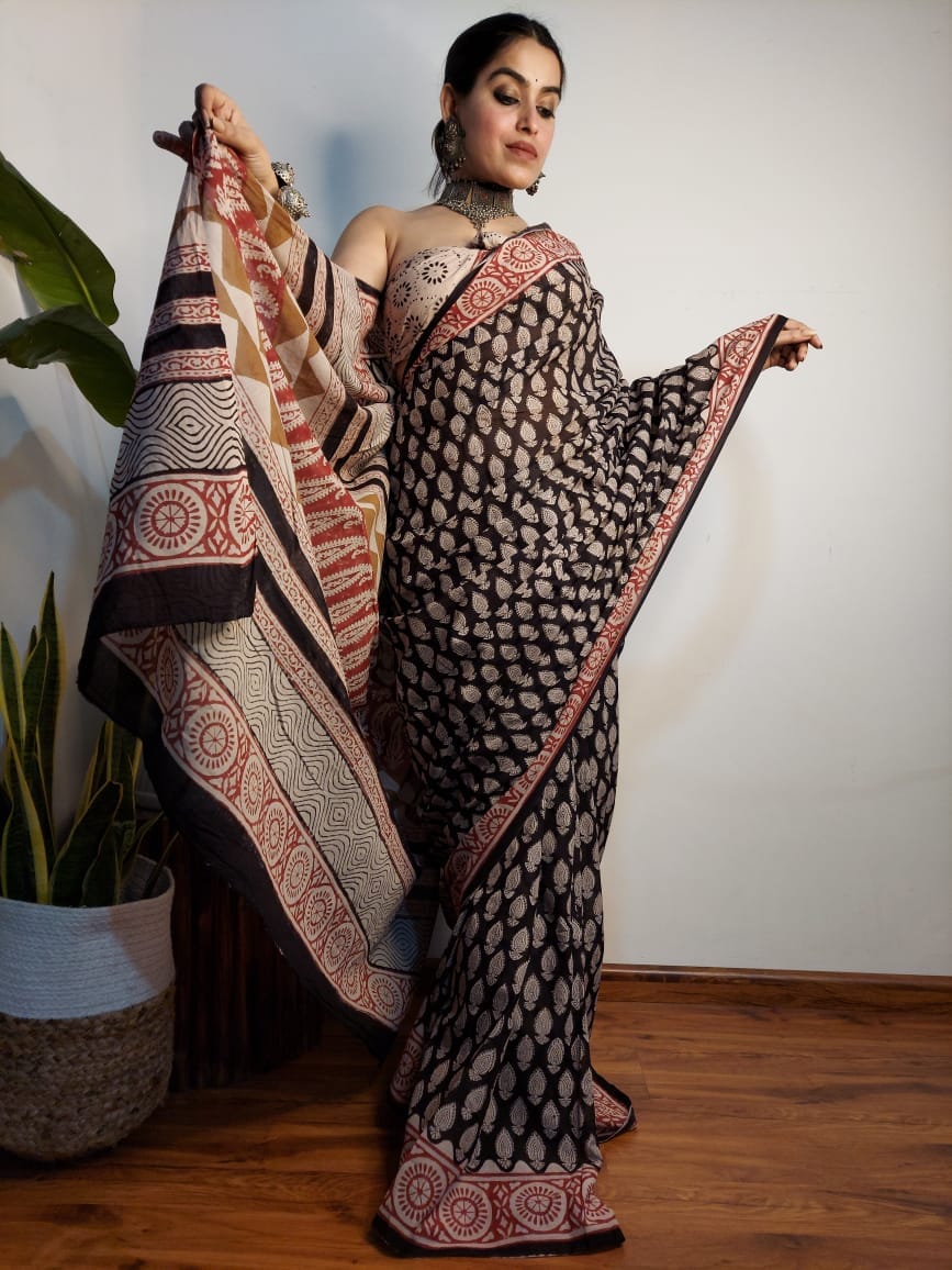Block Print Cotton Saree with Blouse