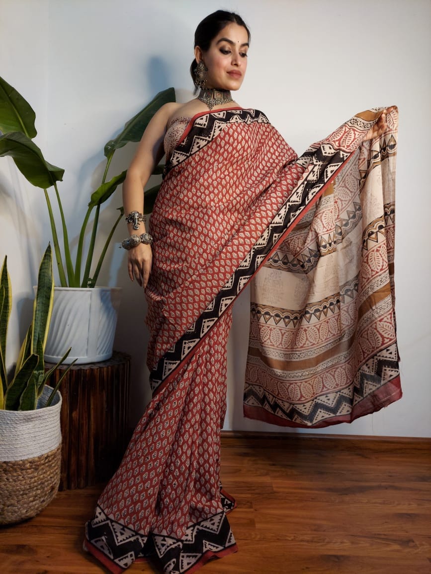 Block Print Cotton Saree with Blouse