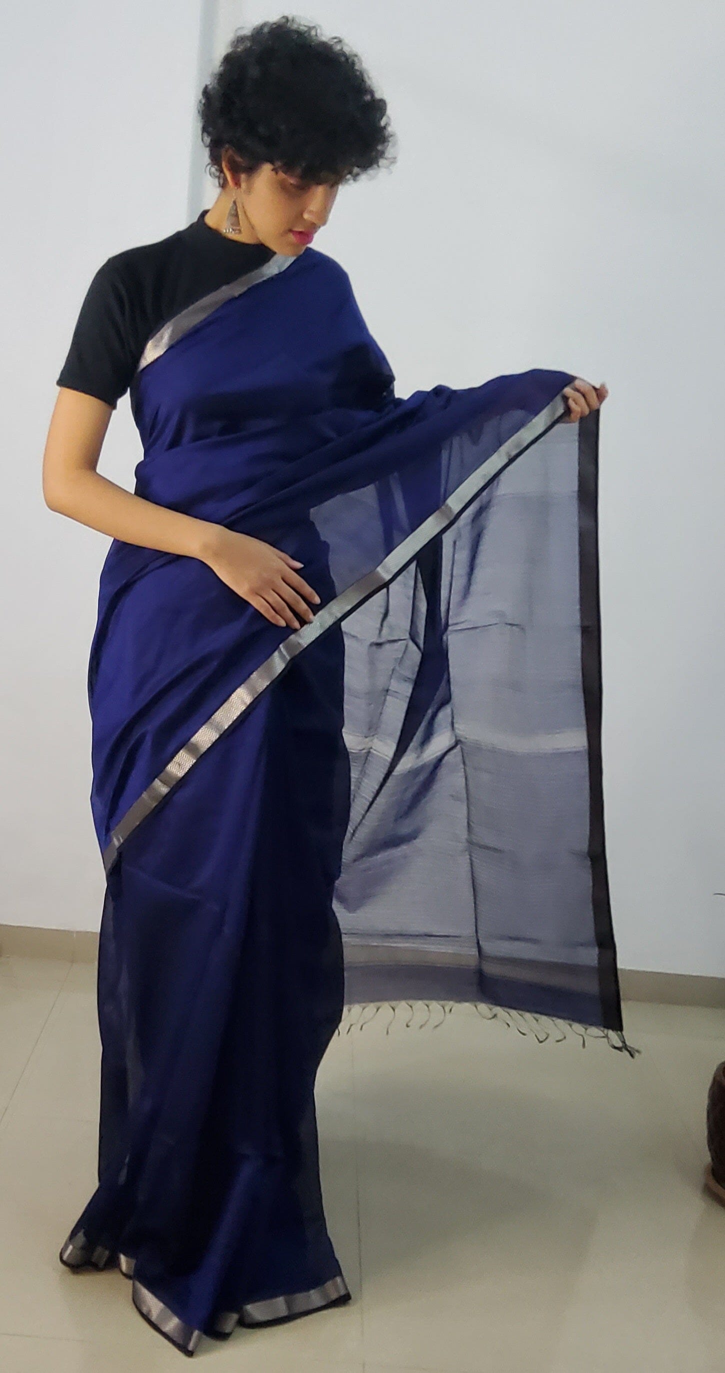 Blue Maheshwari Handloom Silk Cotton Saree with Silver Border