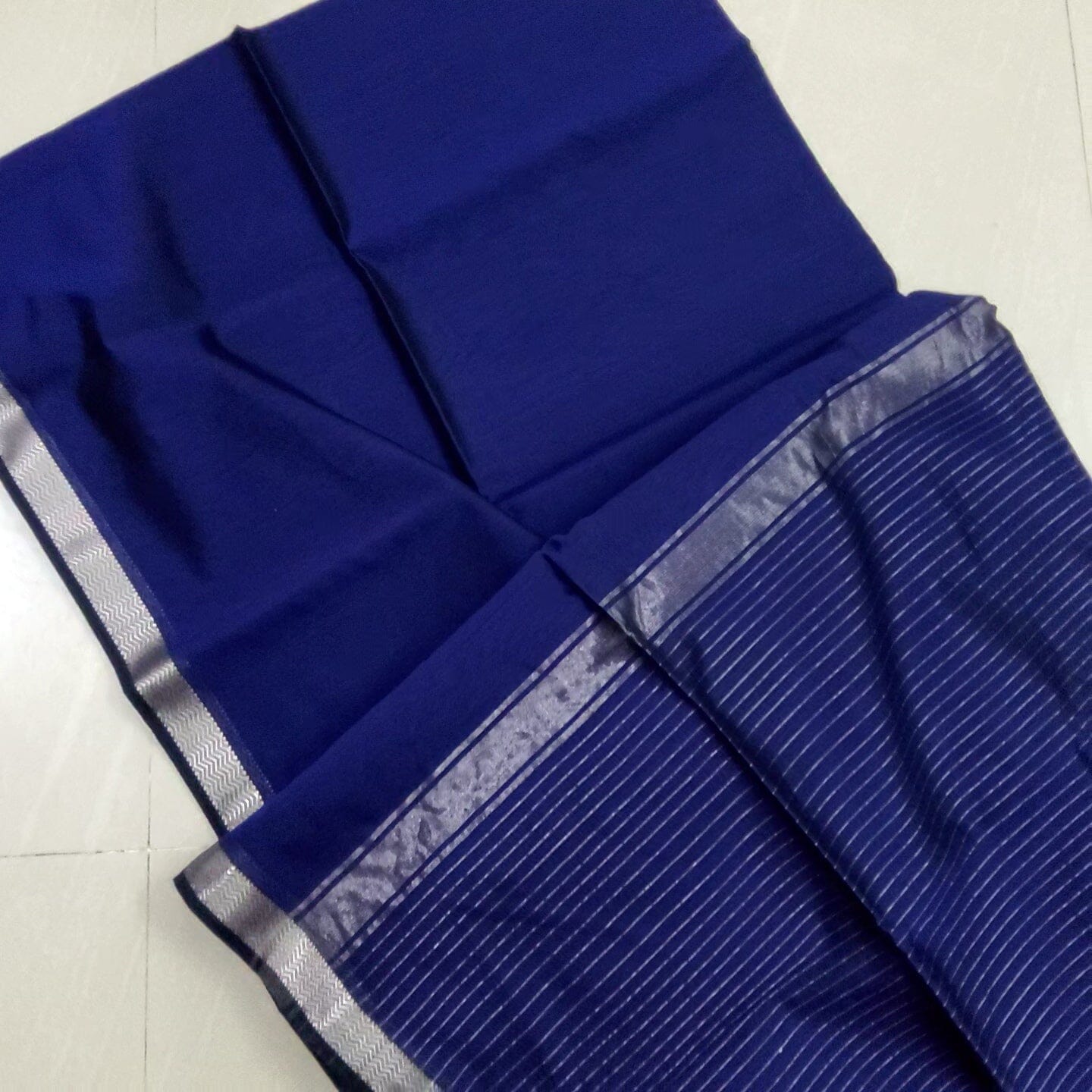 Blue Maheshwari Handloom Silk Cotton Saree with Silver Border