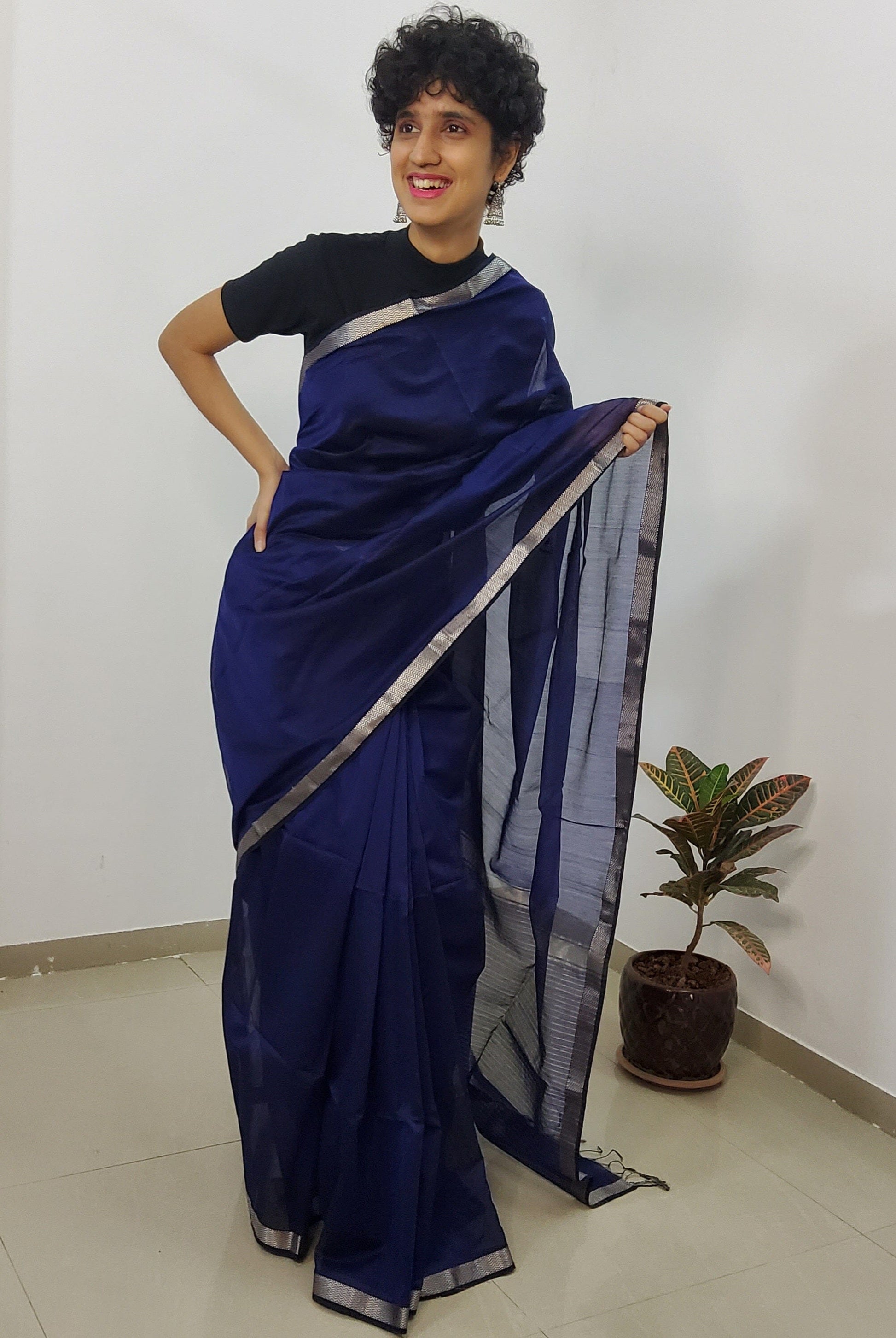 Blue Maheshwari Handloom Silk Cotton Saree with Silver Border