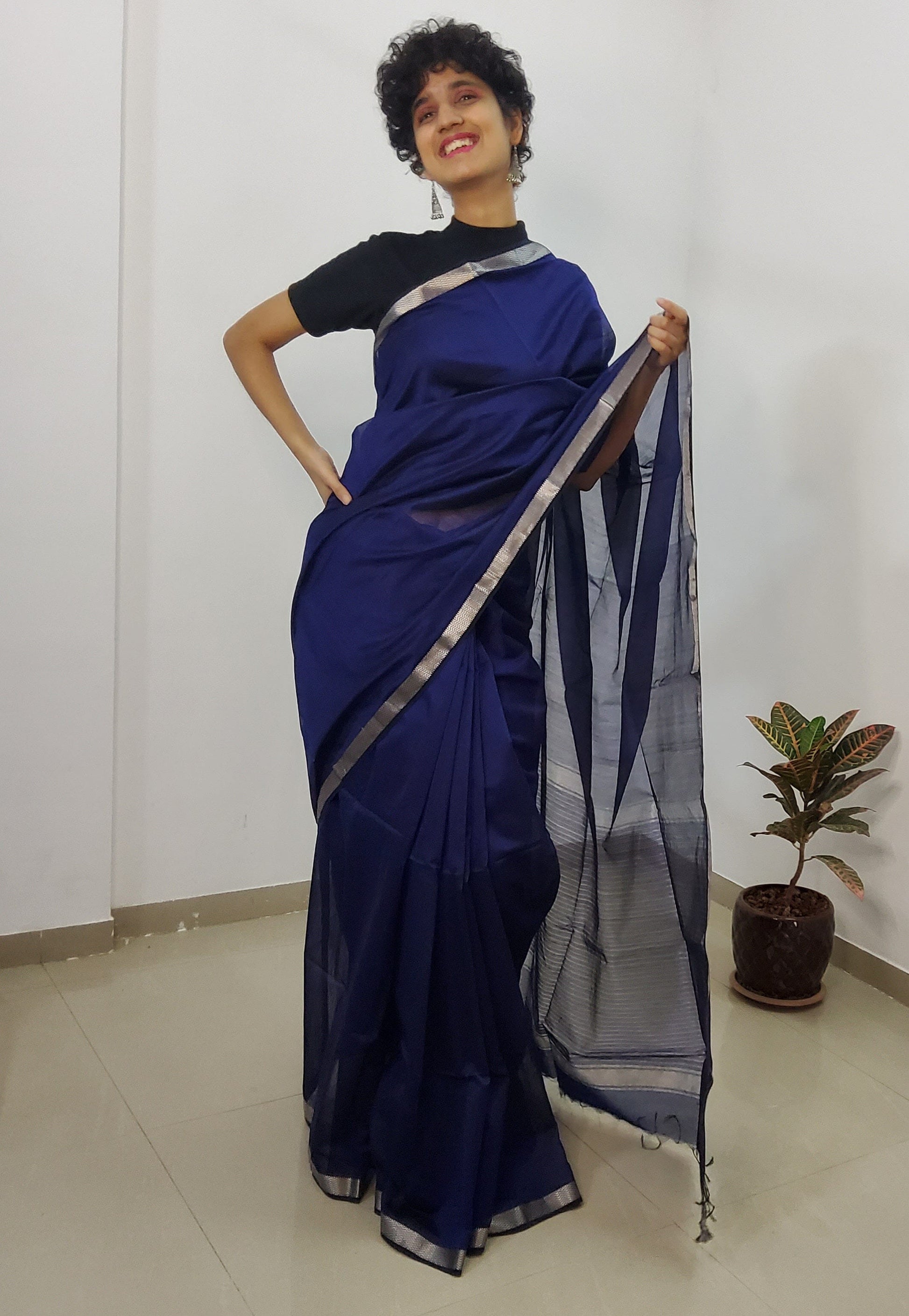 Blue Maheshwari Handloom Silk Cotton Saree with Silver Border