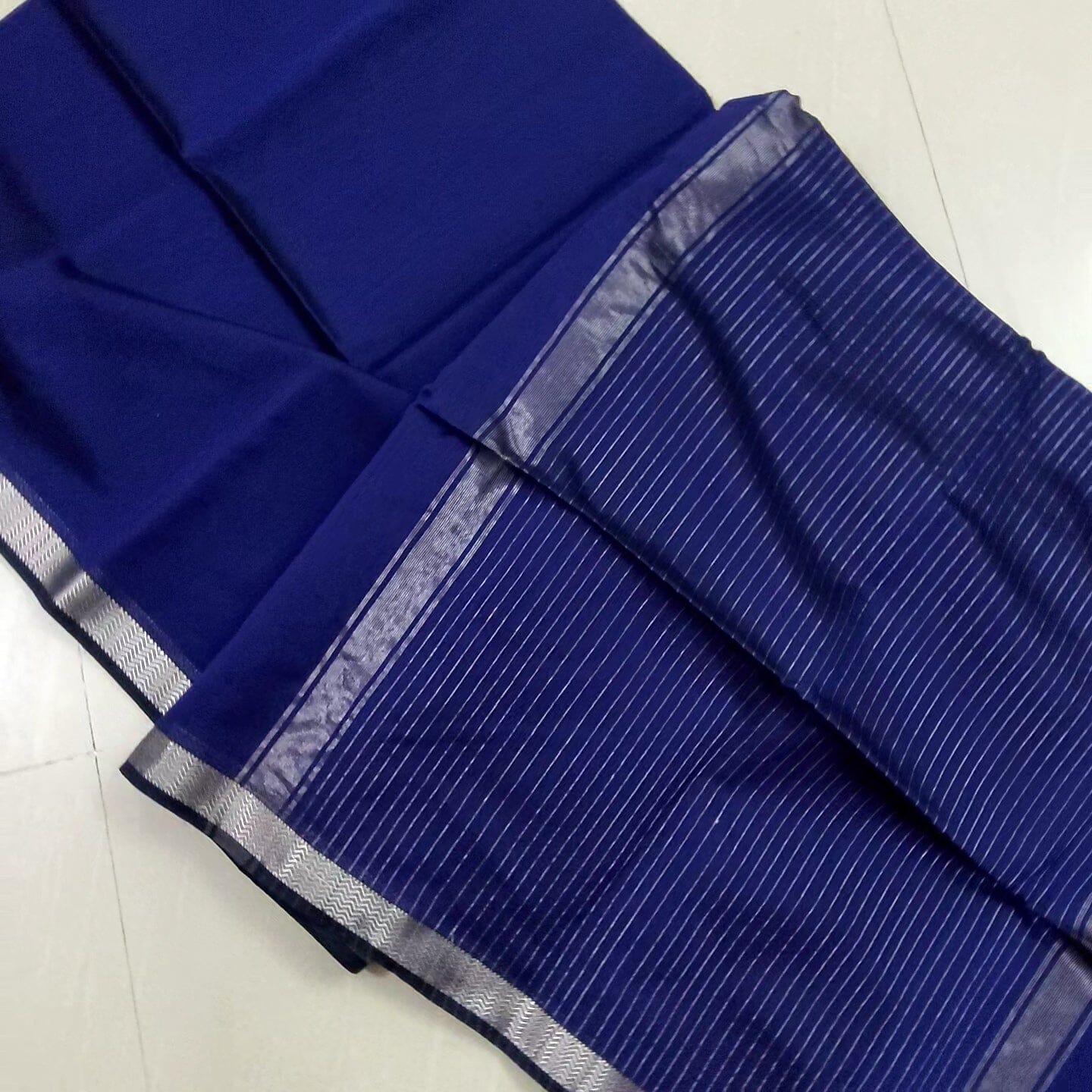 Blue Maheshwari Handloom Silk Cotton Saree with Silver Border