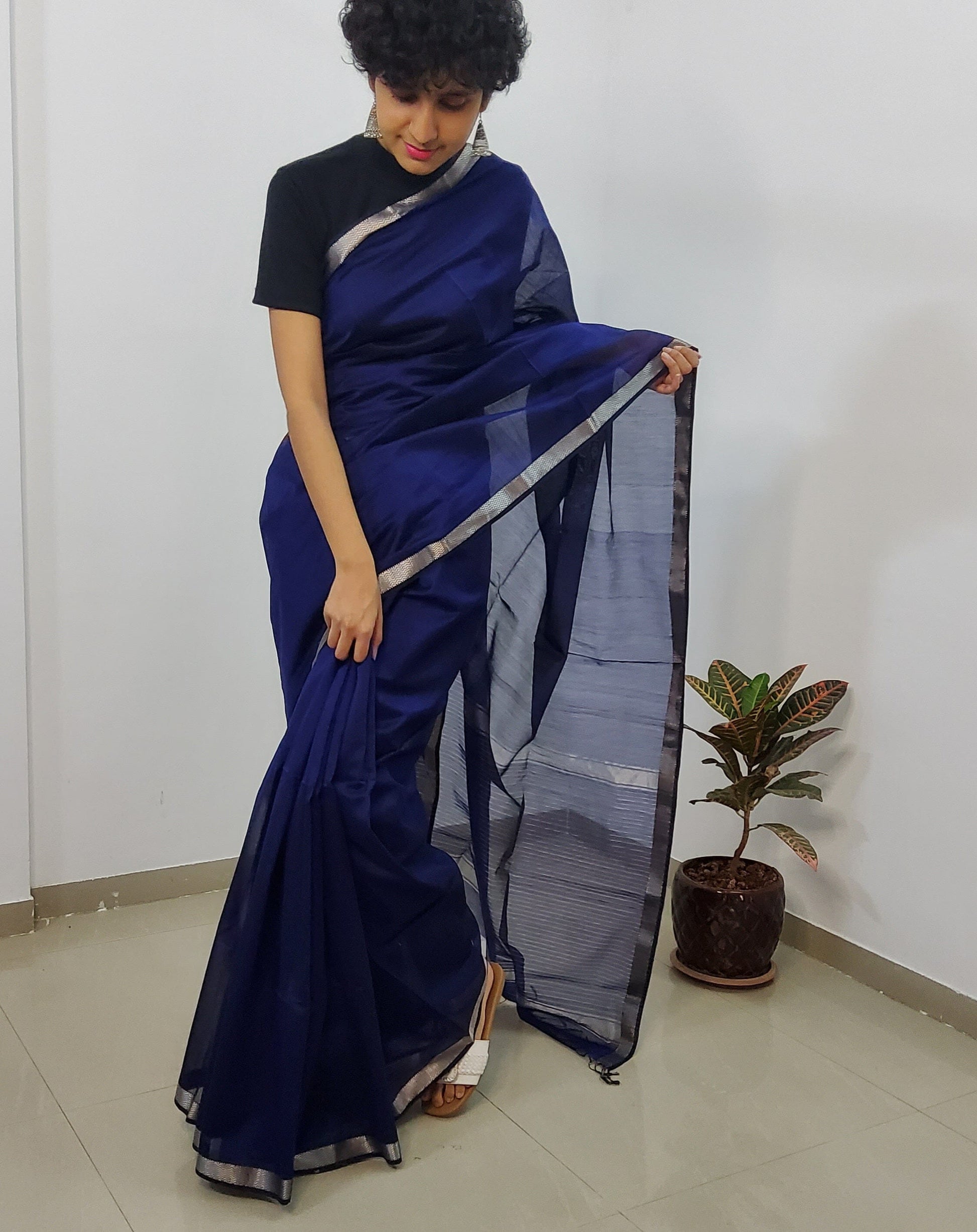 Blue Maheshwari Handloom Silk Cotton Saree with Silver Border