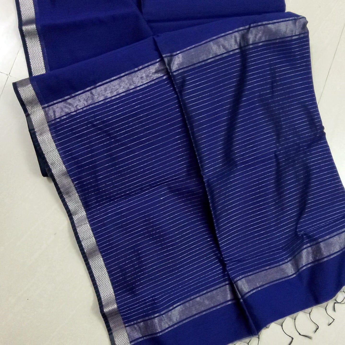 Blue Maheshwari Handloom Silk Cotton Saree with Silver Border