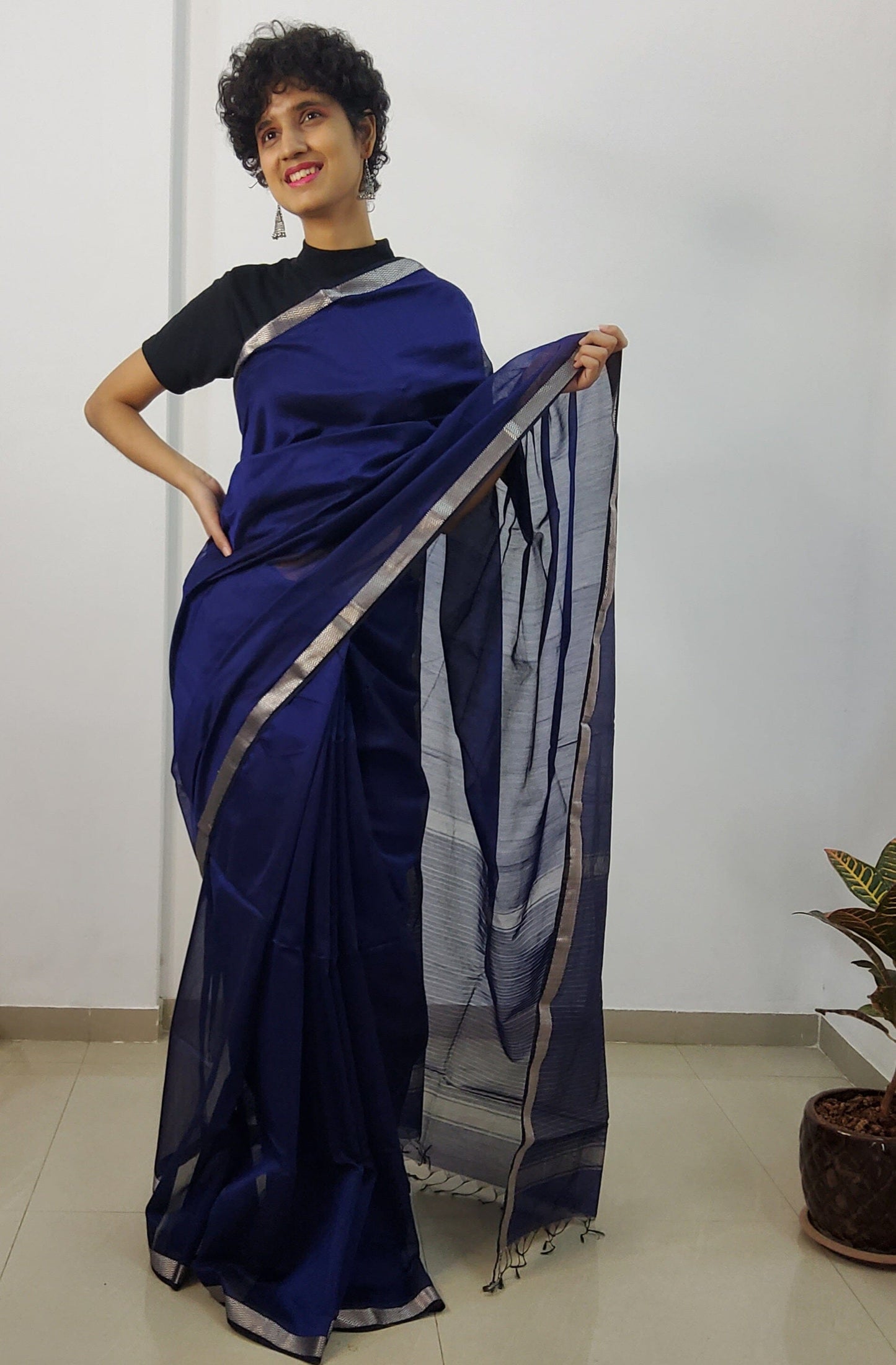 Blue Maheshwari Handloom Silk Cotton Saree with Silver Border