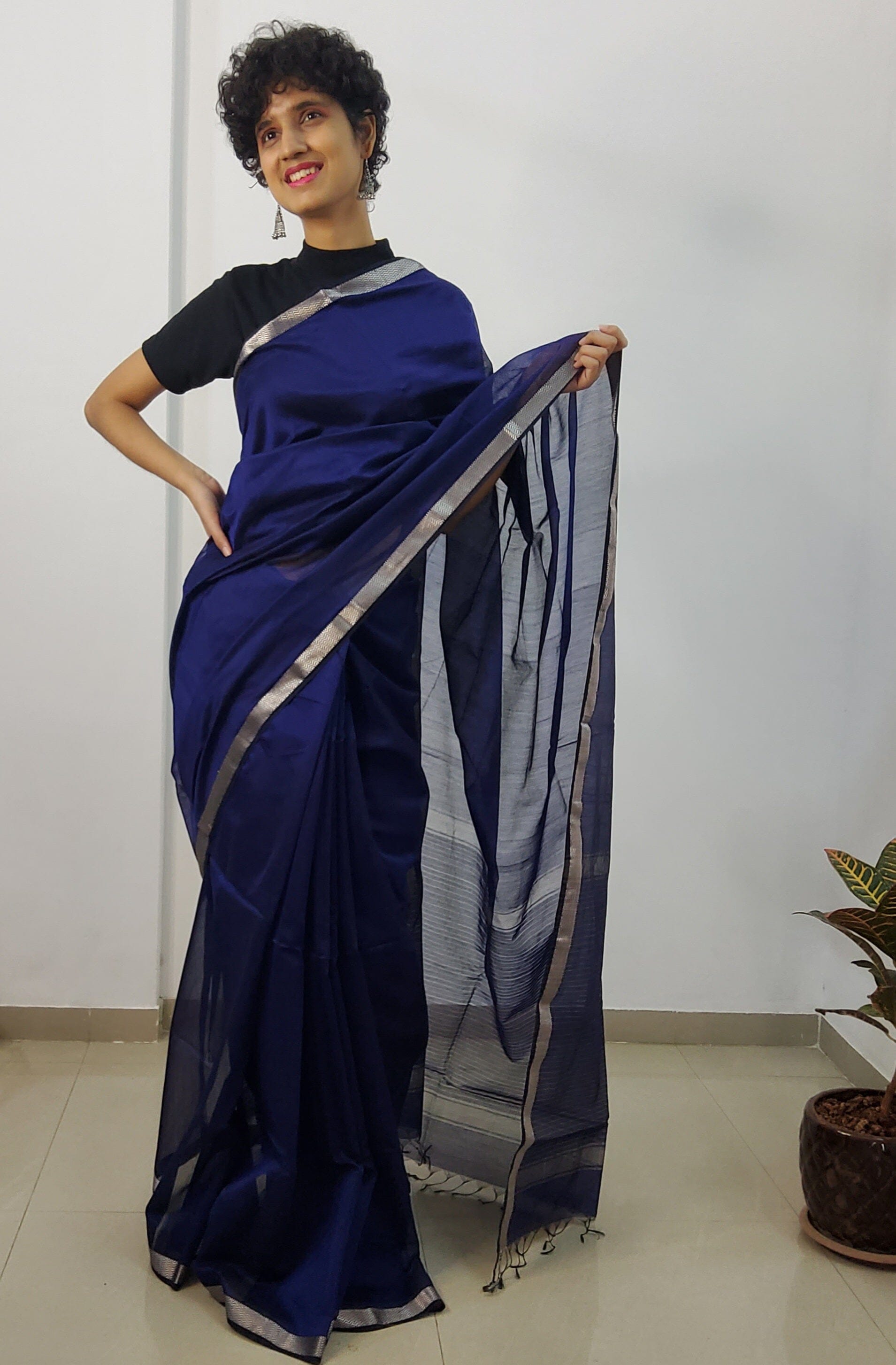 Blue Maheshwari Handloom Silk Cotton Saree with Silver Border