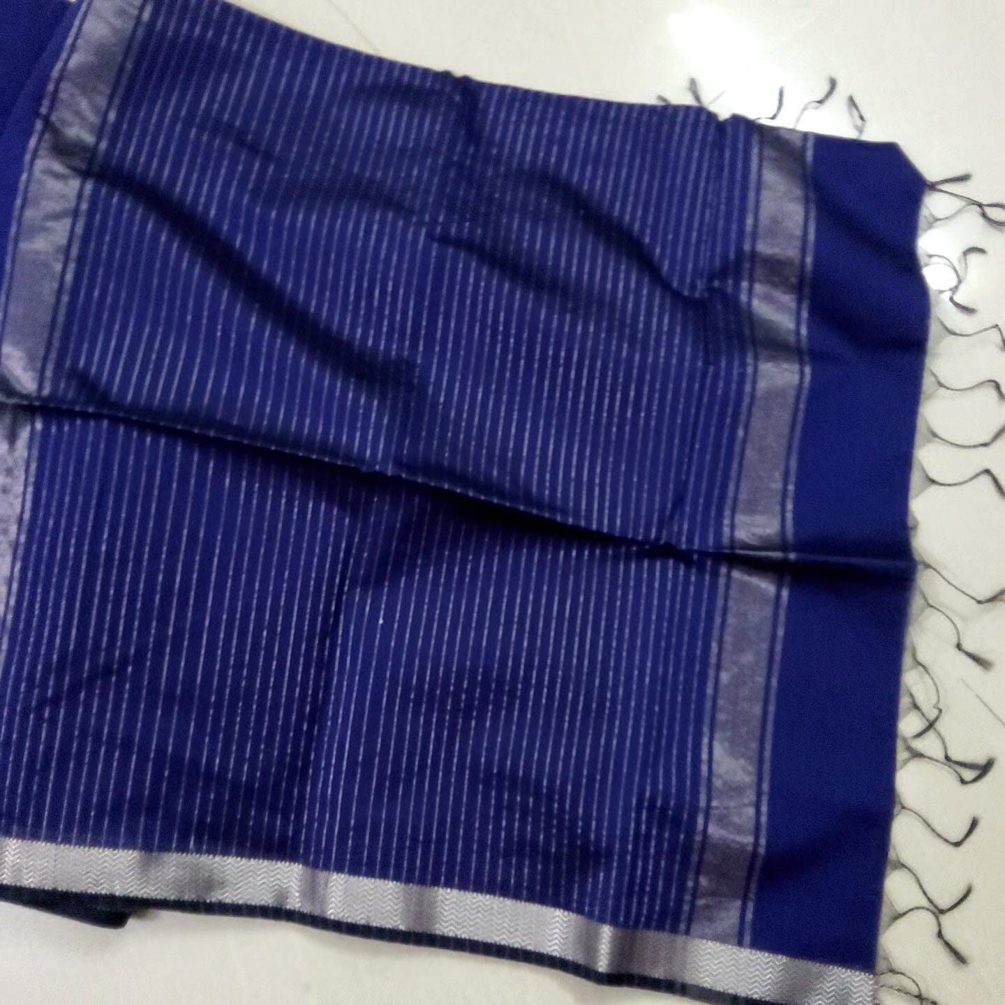 Blue Maheshwari Handloom Silk Cotton Saree with Silver Border