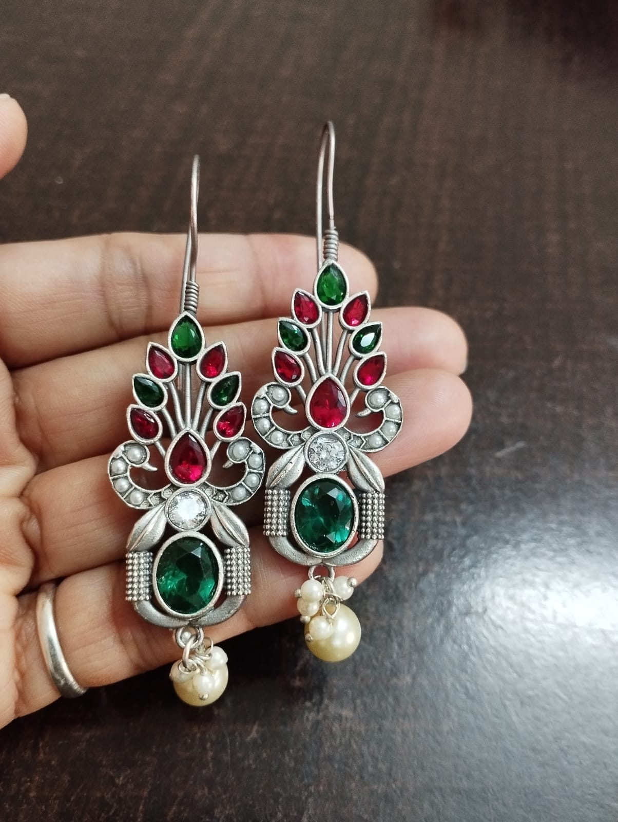 Brass casting Silver look alike Stone Earrings