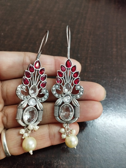Brass casting Silver look alike Stone Earrings
