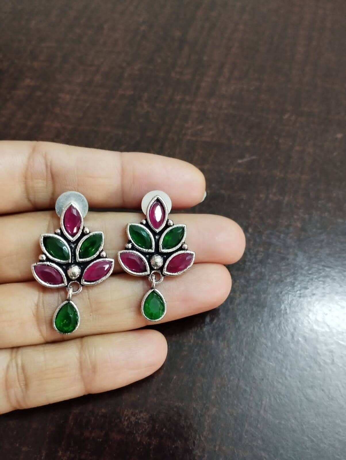 Brass Casting Silver Look alike Stone Earrings