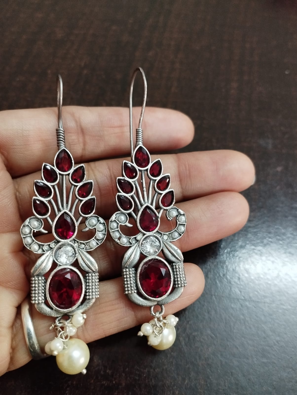 Brass casting Silver look alike Stone Earrings