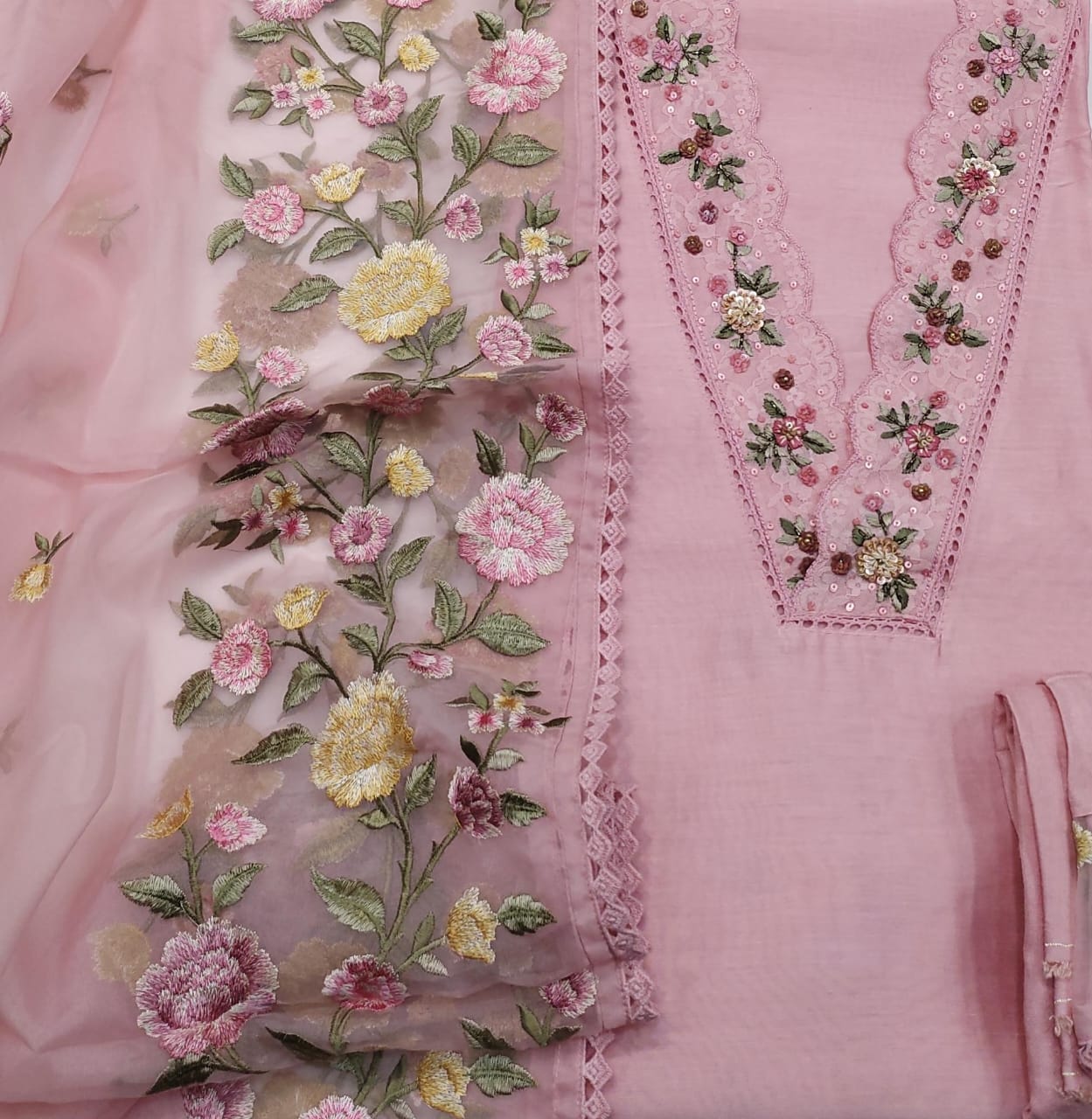 Maslin SIlk dress material with organza dupatta