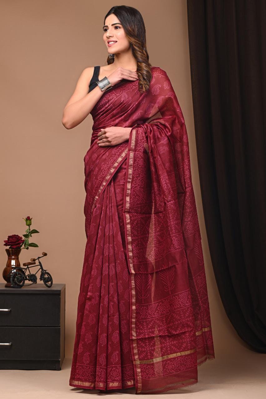 Chanderi Hand Block Print Saree with Blouse