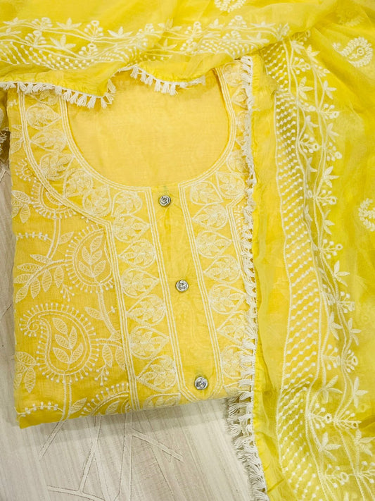 Chikan work Dress Material with Chiffon Dupatta