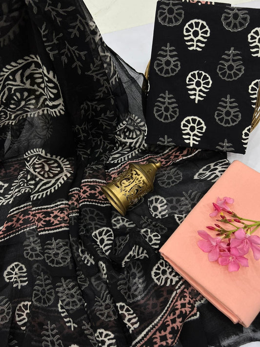 Cotton Block Print Dress Material with Chiffon Dupatta