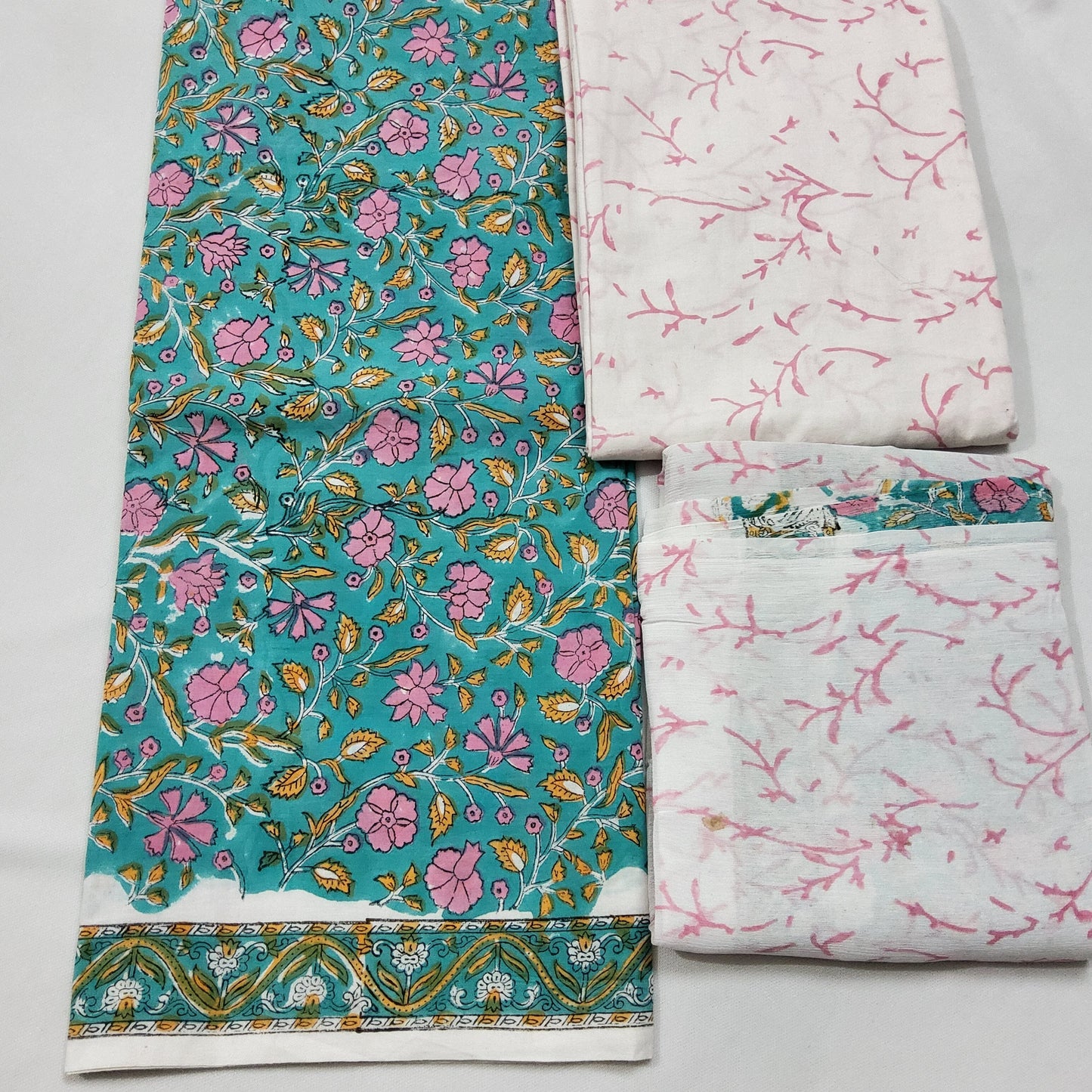 Cotton Block Print Dress Material with Chiffon Dupatta