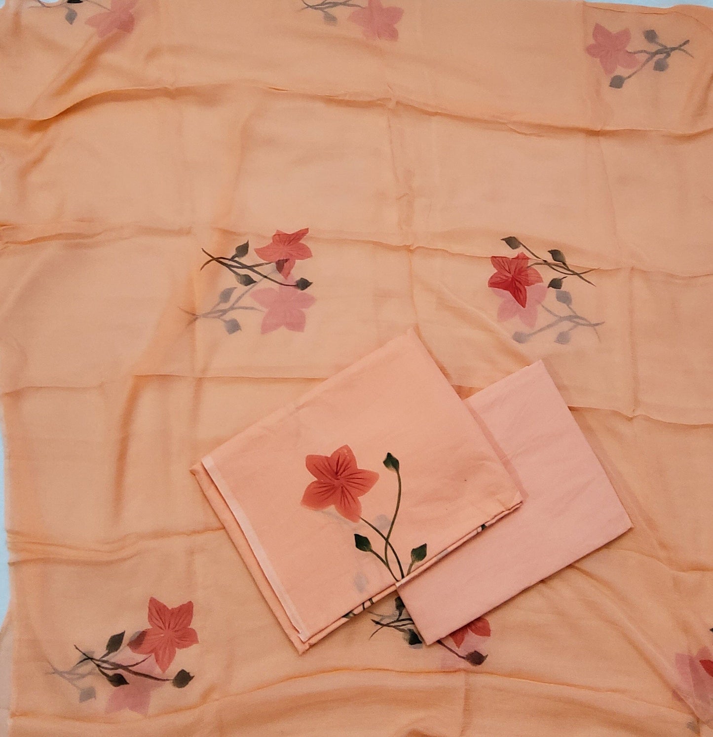 Cotton Block Print Dress Material with Chiffon Dupatta