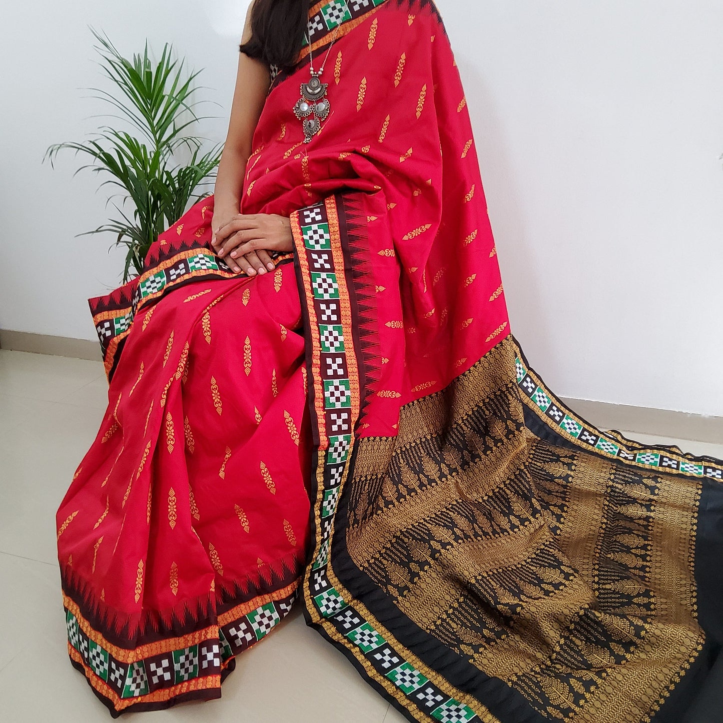 Deep Red Sambalpuri Pata Silk saree