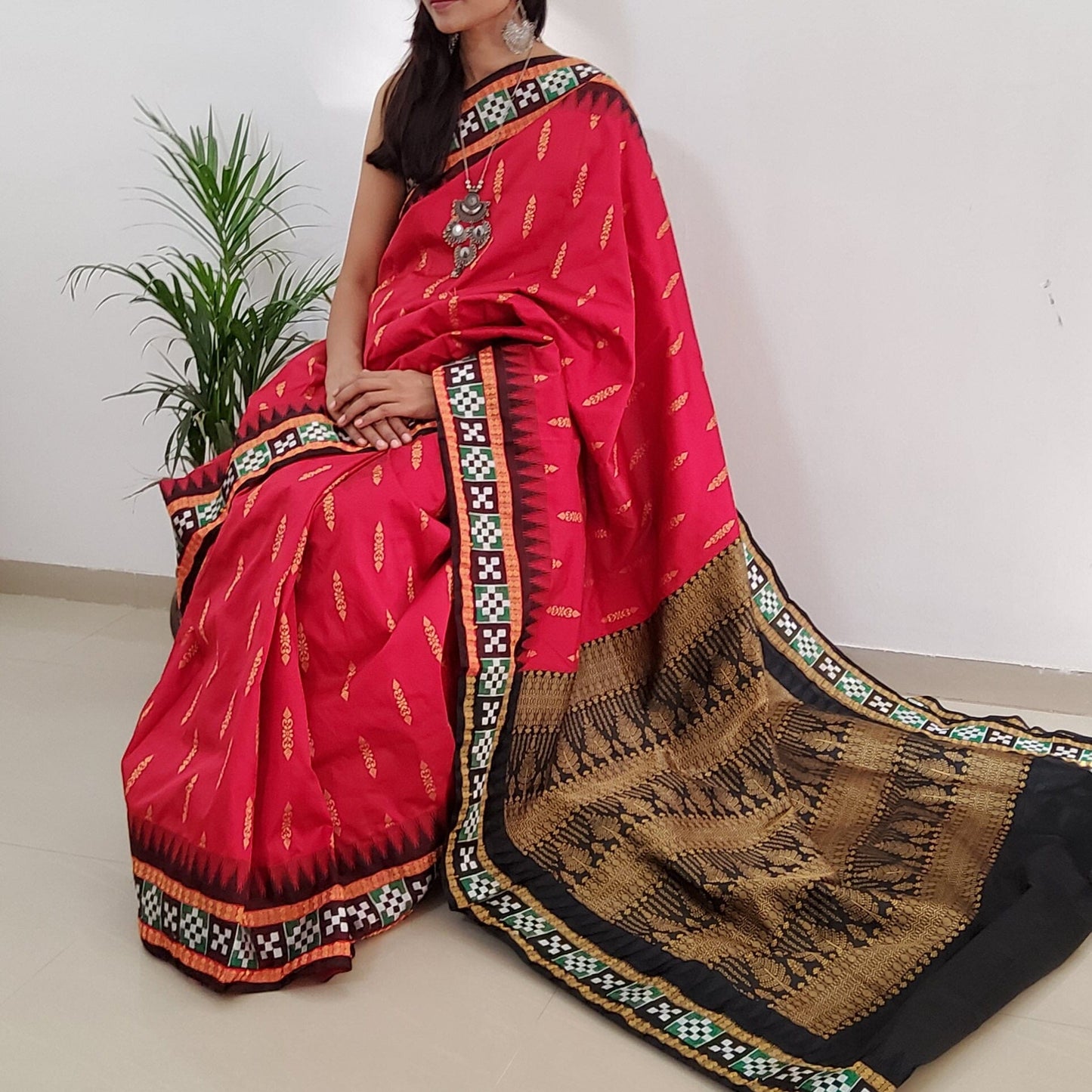 Deep Red Sambalpuri Pata Silk saree