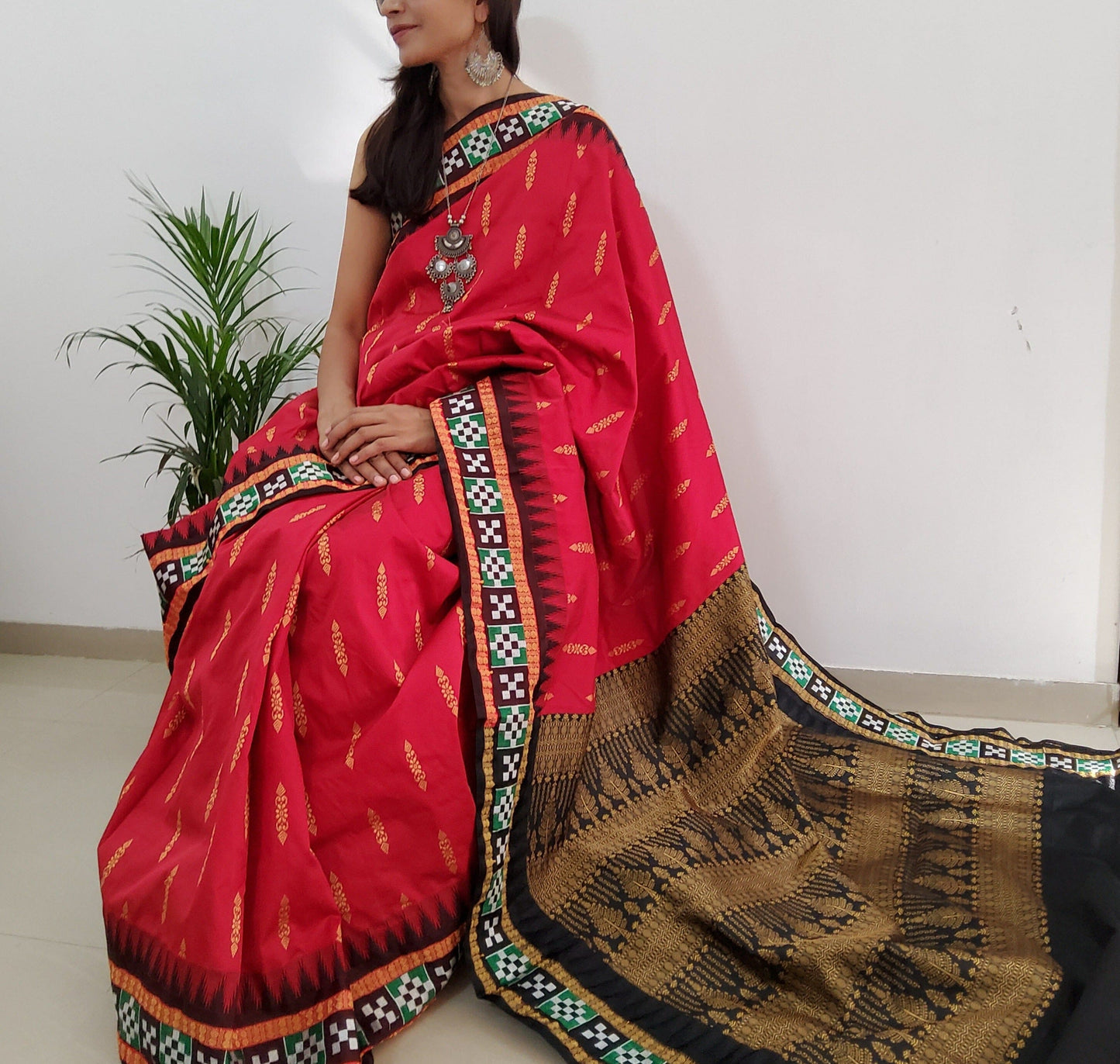 Deep Red Sambalpuri Pata Silk saree