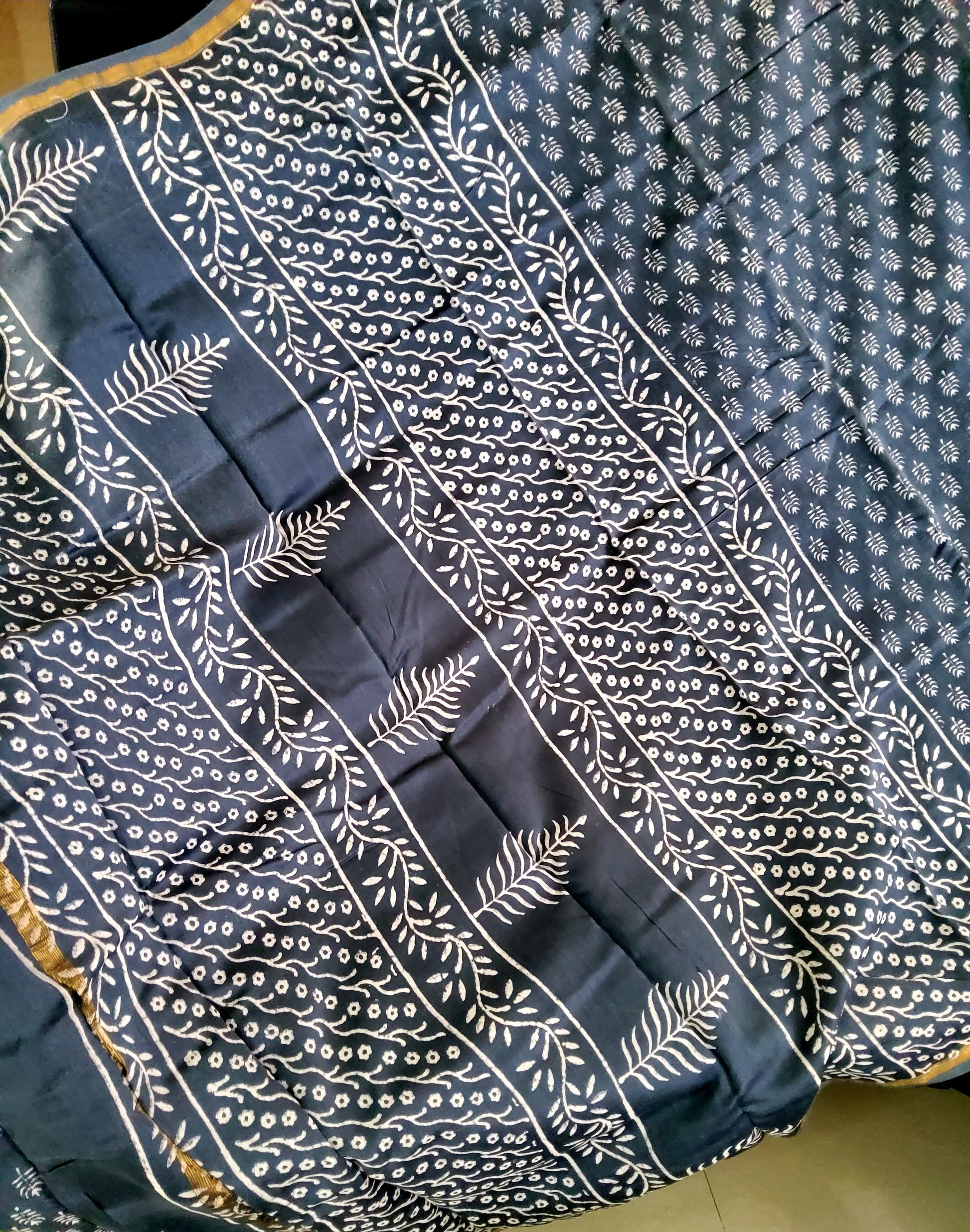 Grey Chanderi Silk Cotton Hand block printed Saree