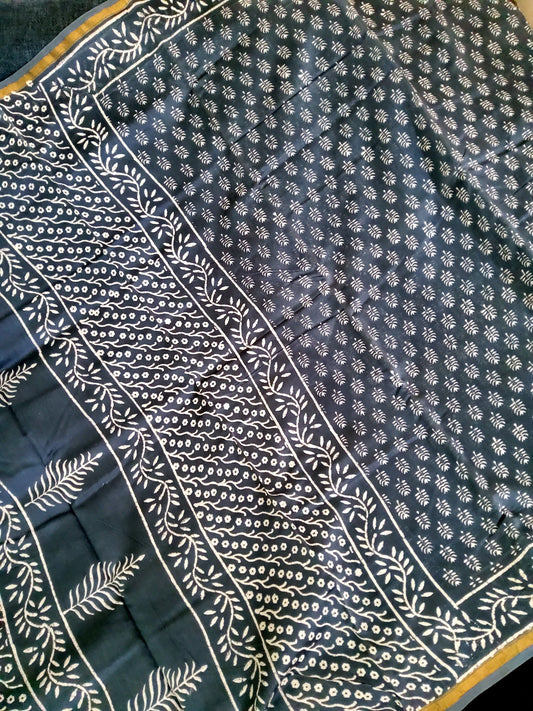 Grey Chanderi Silk Cotton Hand block printed Saree