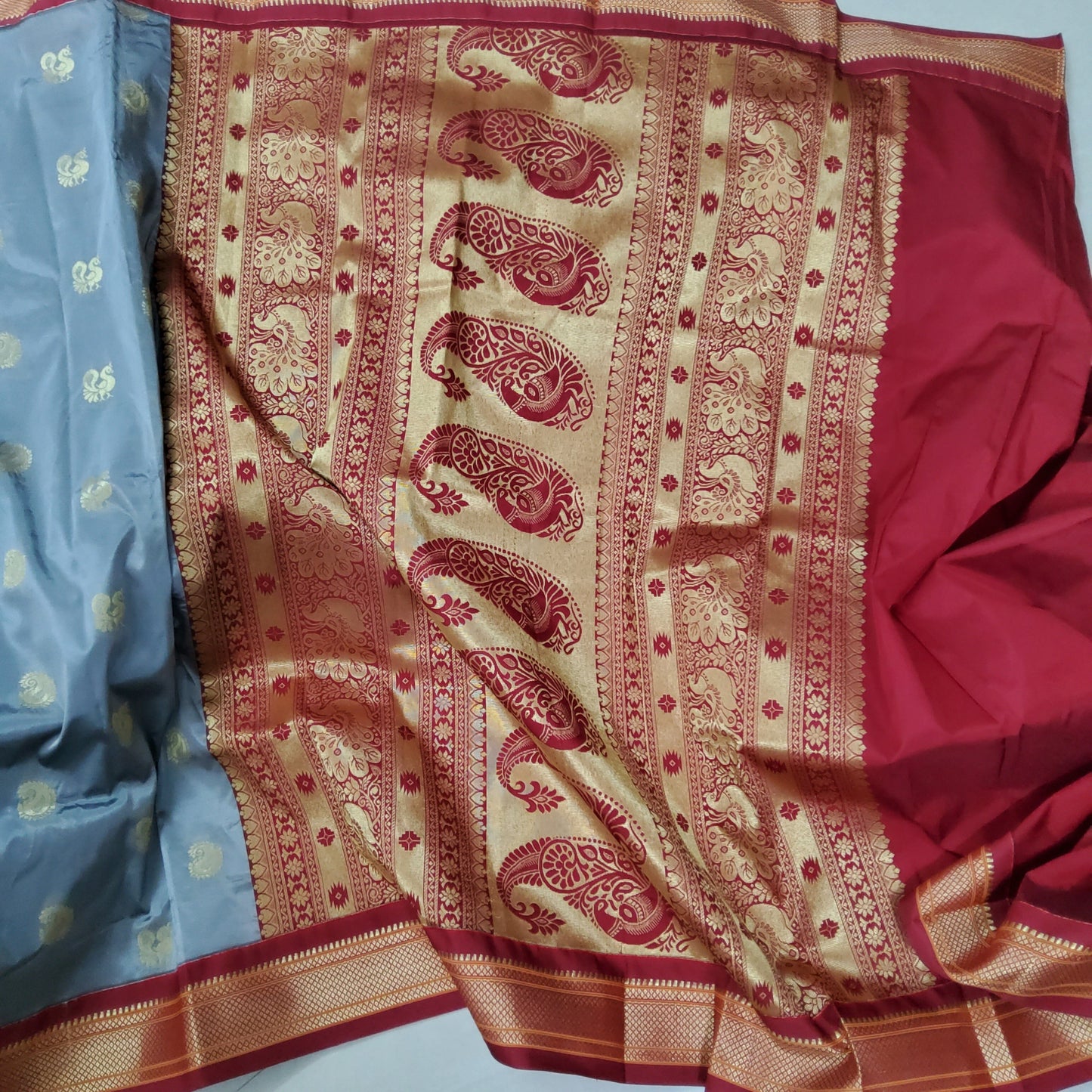 Grey Maroon Silk Paithani Saree with Contrast Blouse
