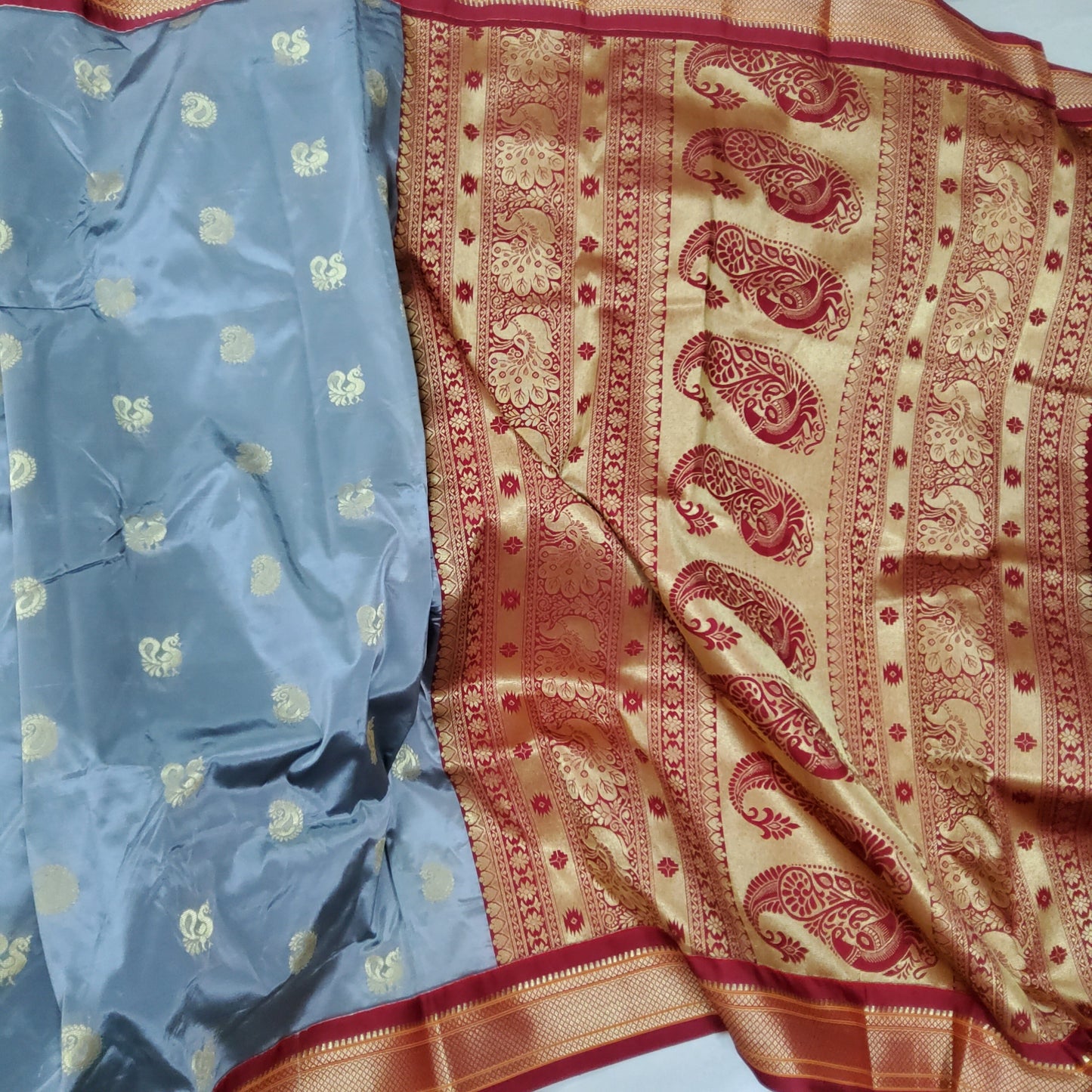 Grey Maroon Silk Paithani Saree with Contrast Blouse