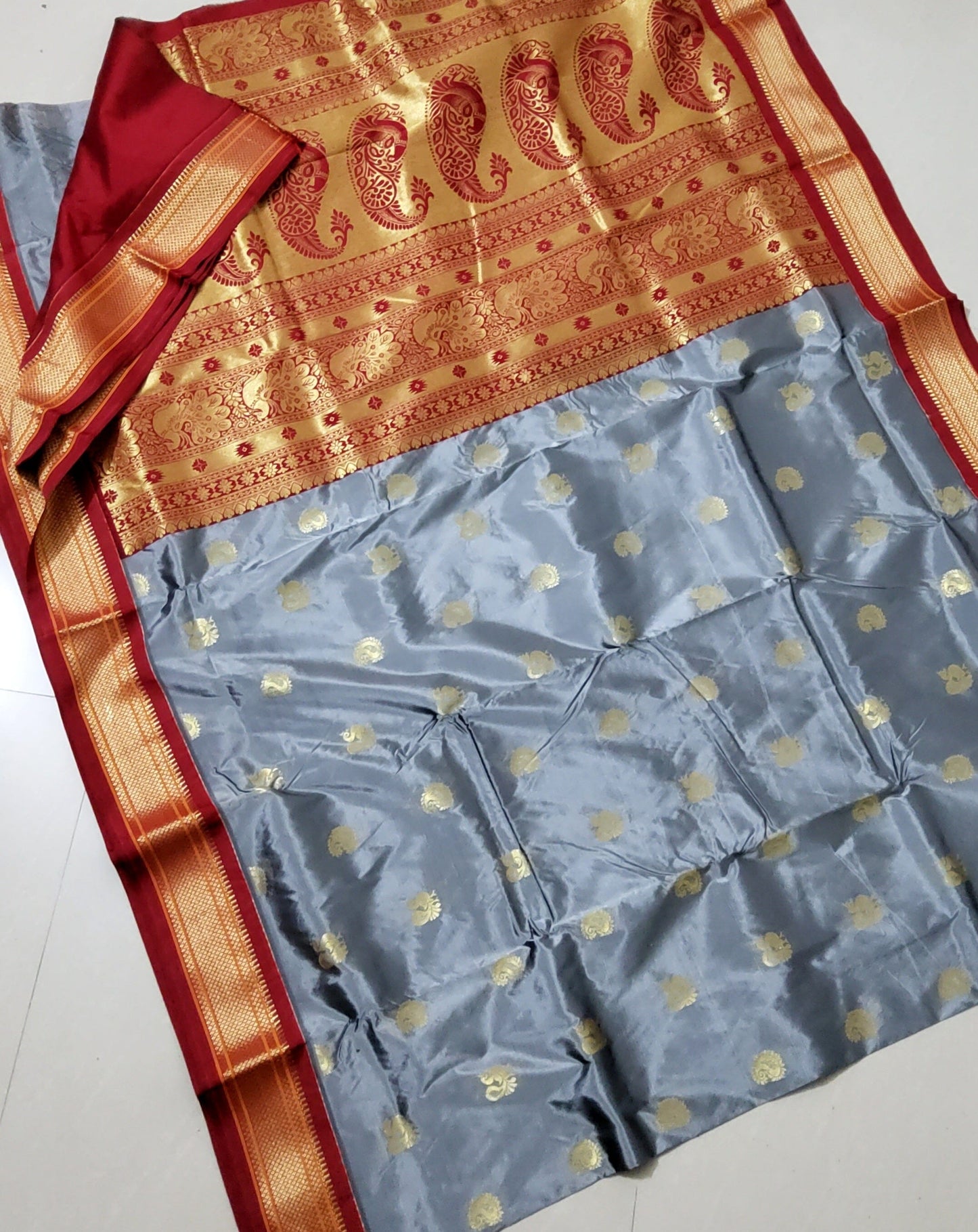 Grey-Maroon Semi Silk Paithani Saree with Contrast Blouse