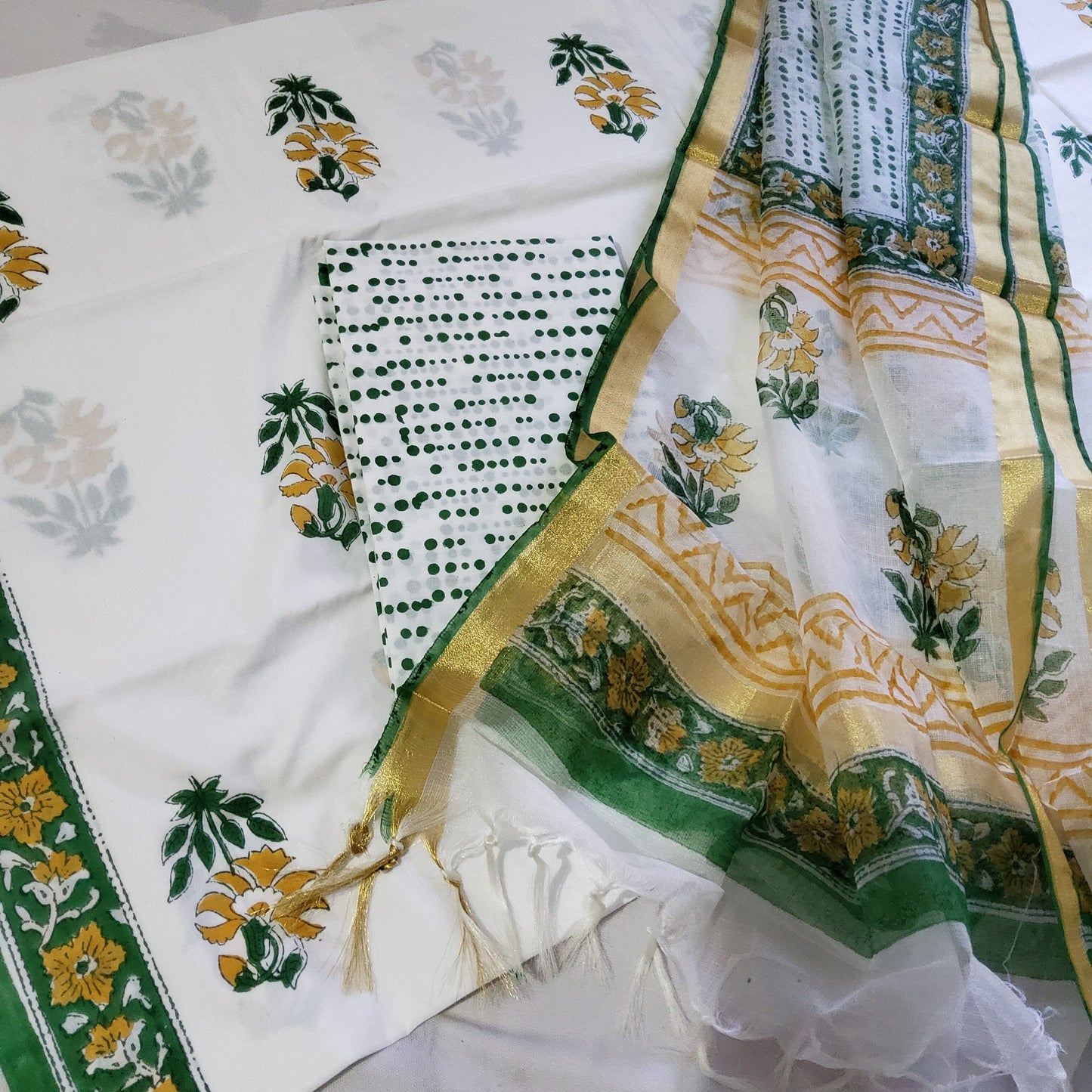 Hand BlockPrint Cotton Dress Material with Kota Silk Dupatta