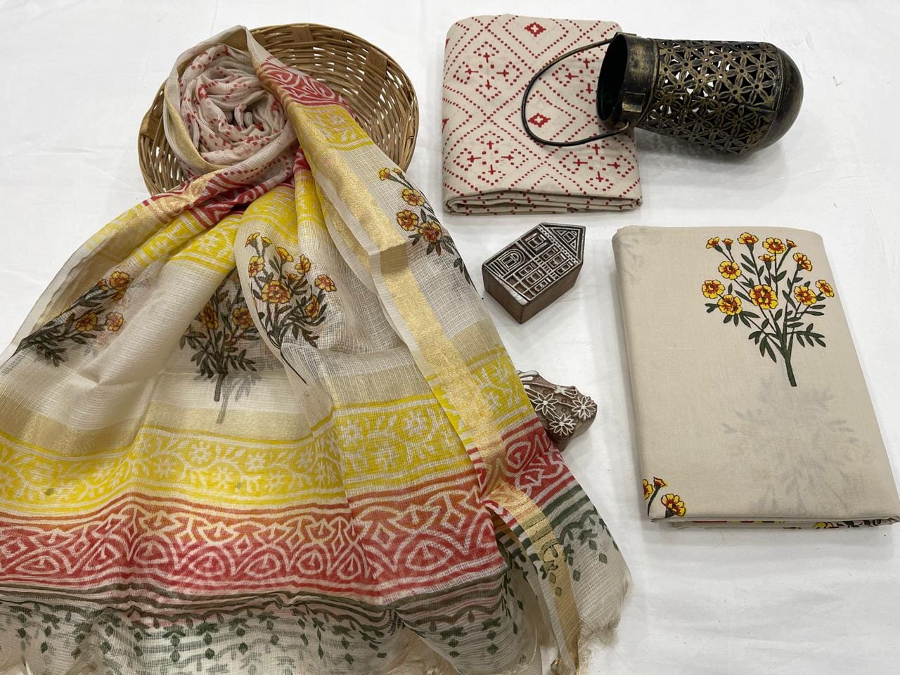 Hand Block Print Cotton Dress Material with Kota Silk Dupatta