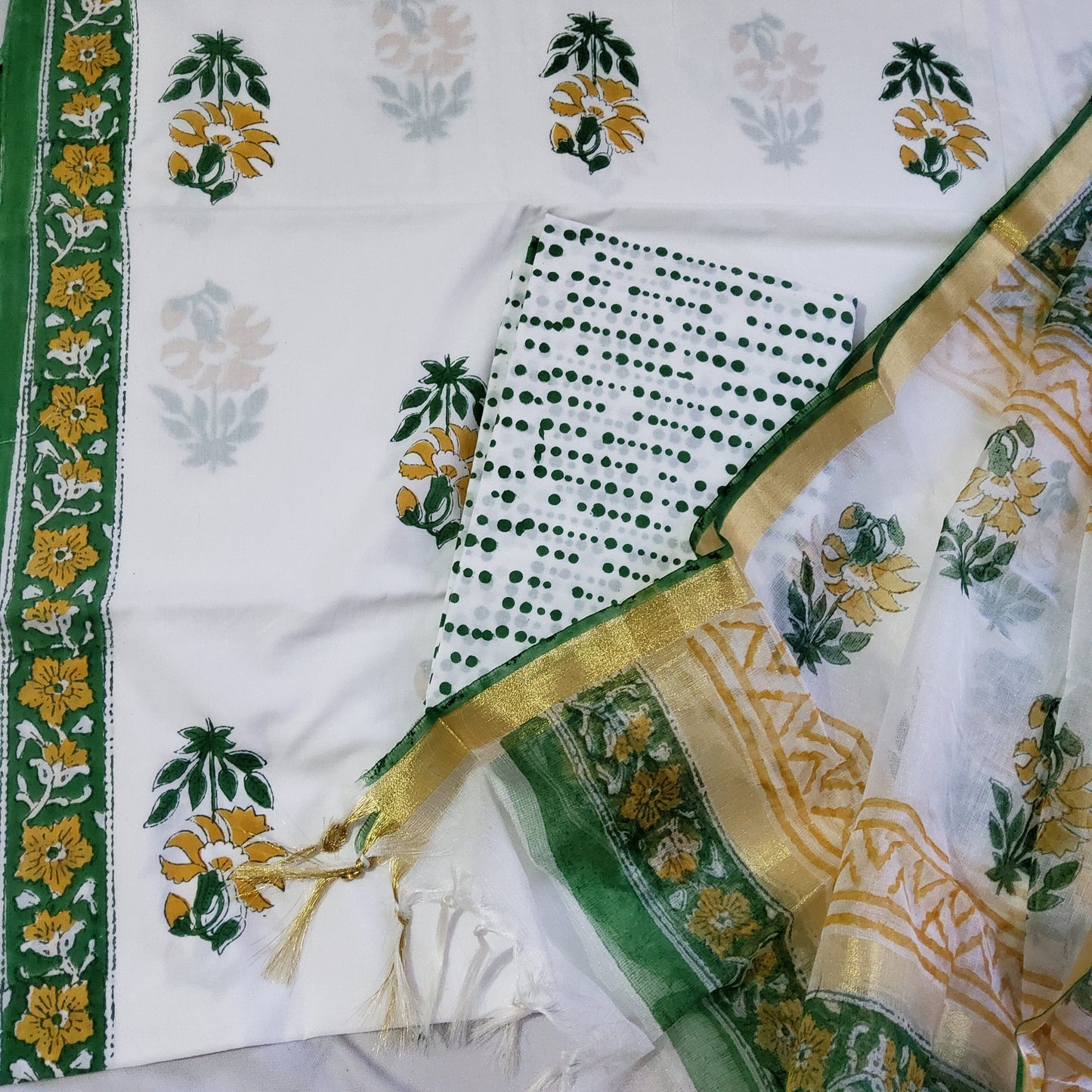 Hand BlockPrint Cotton Dress Material with Kota Silk Dupatta