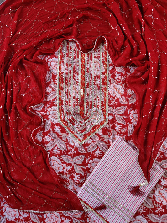 Hand Block Print Cotton Dress Material with Chiffon Dupatta