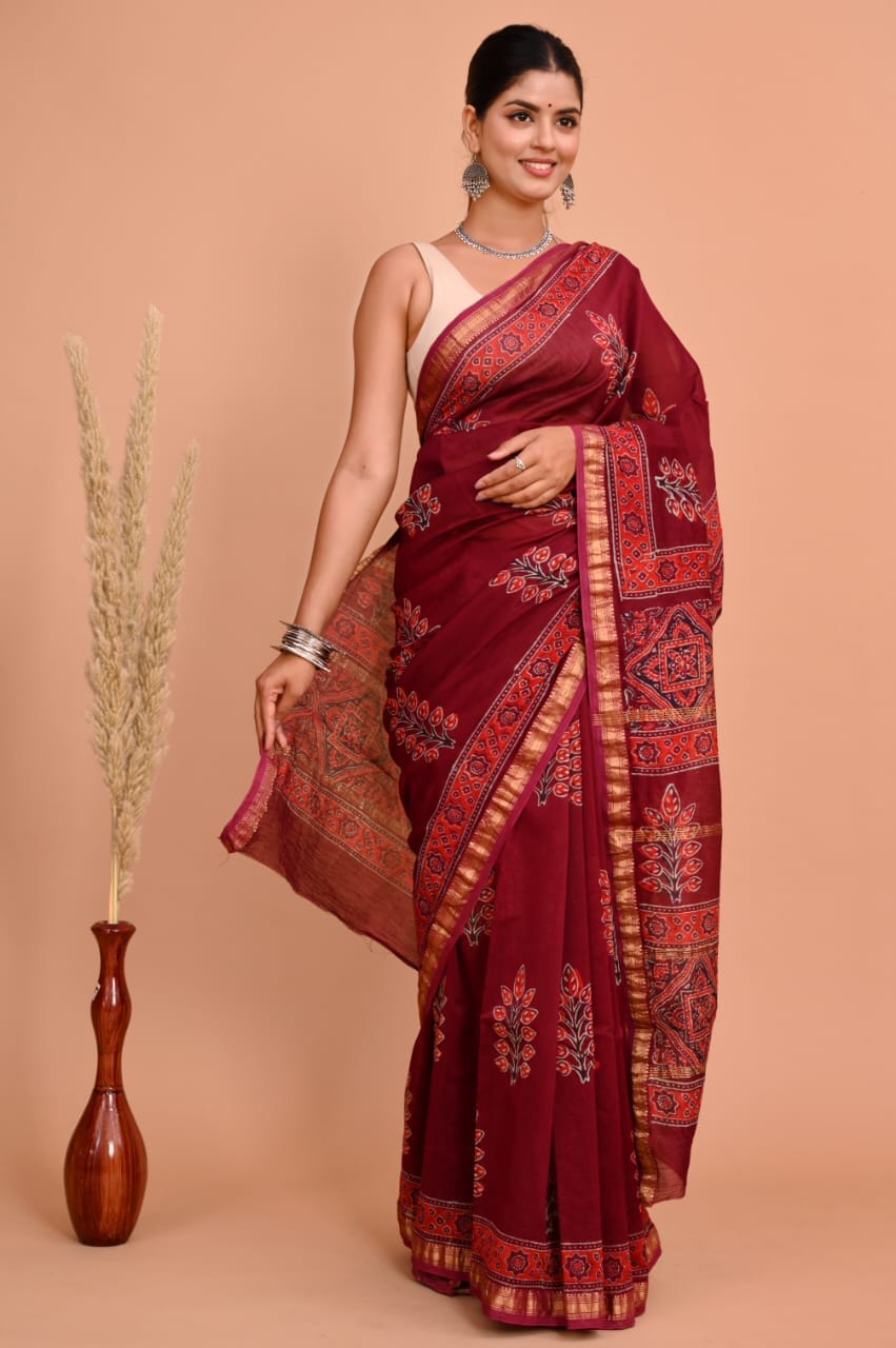 Hand Block Print Maheshwari Silk Saree