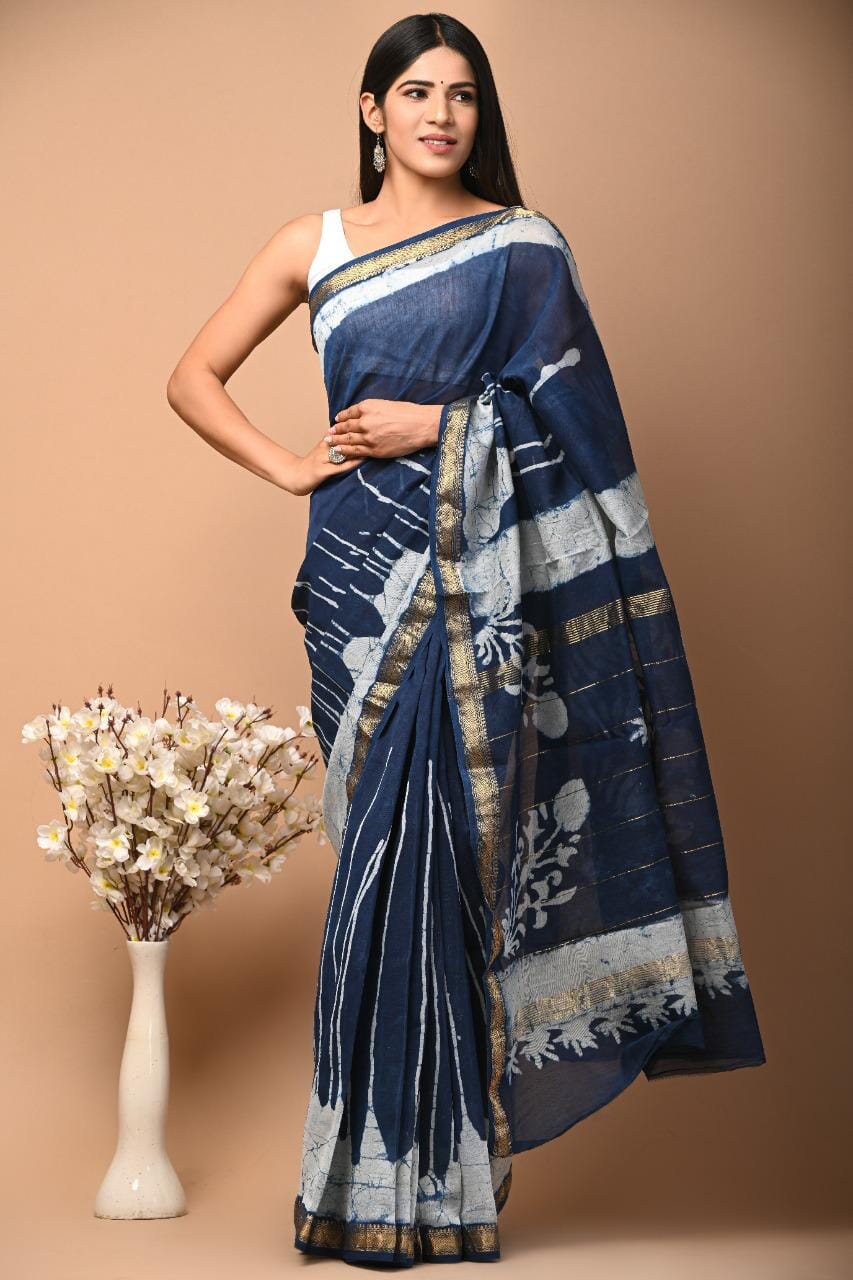 Maheshwari Hand Block Print Silk Saree with Gold zari Border