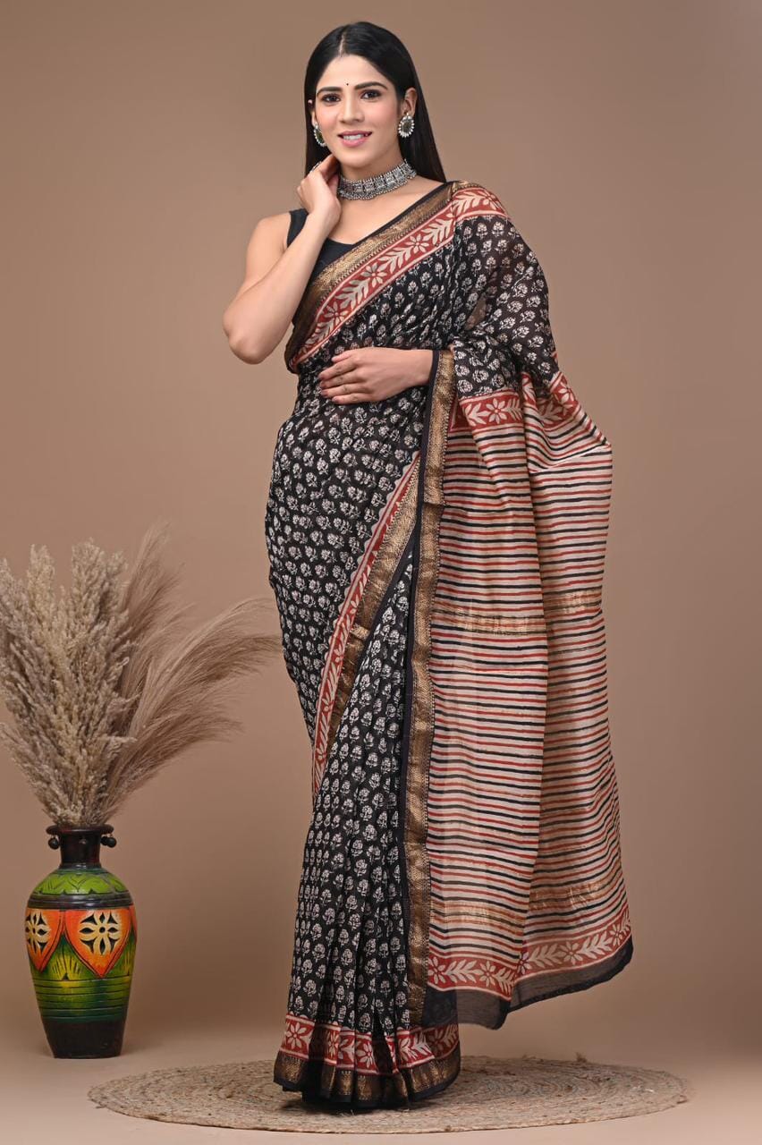 Hand Block Print Maheshwari Silk Cotton Saree with Gold zari Border