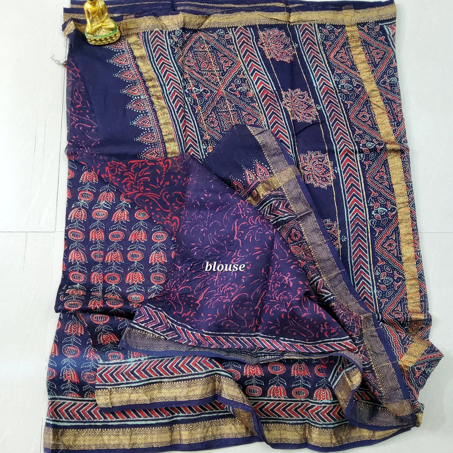 Hand Block Print Maheshwari Silk Saree with Gold zari Border