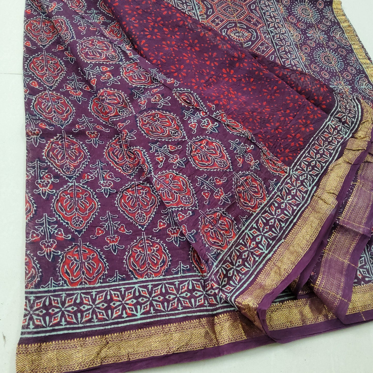Ajrakh Bagru Maheshwari Silk Cotton Saree with Gold zari Border