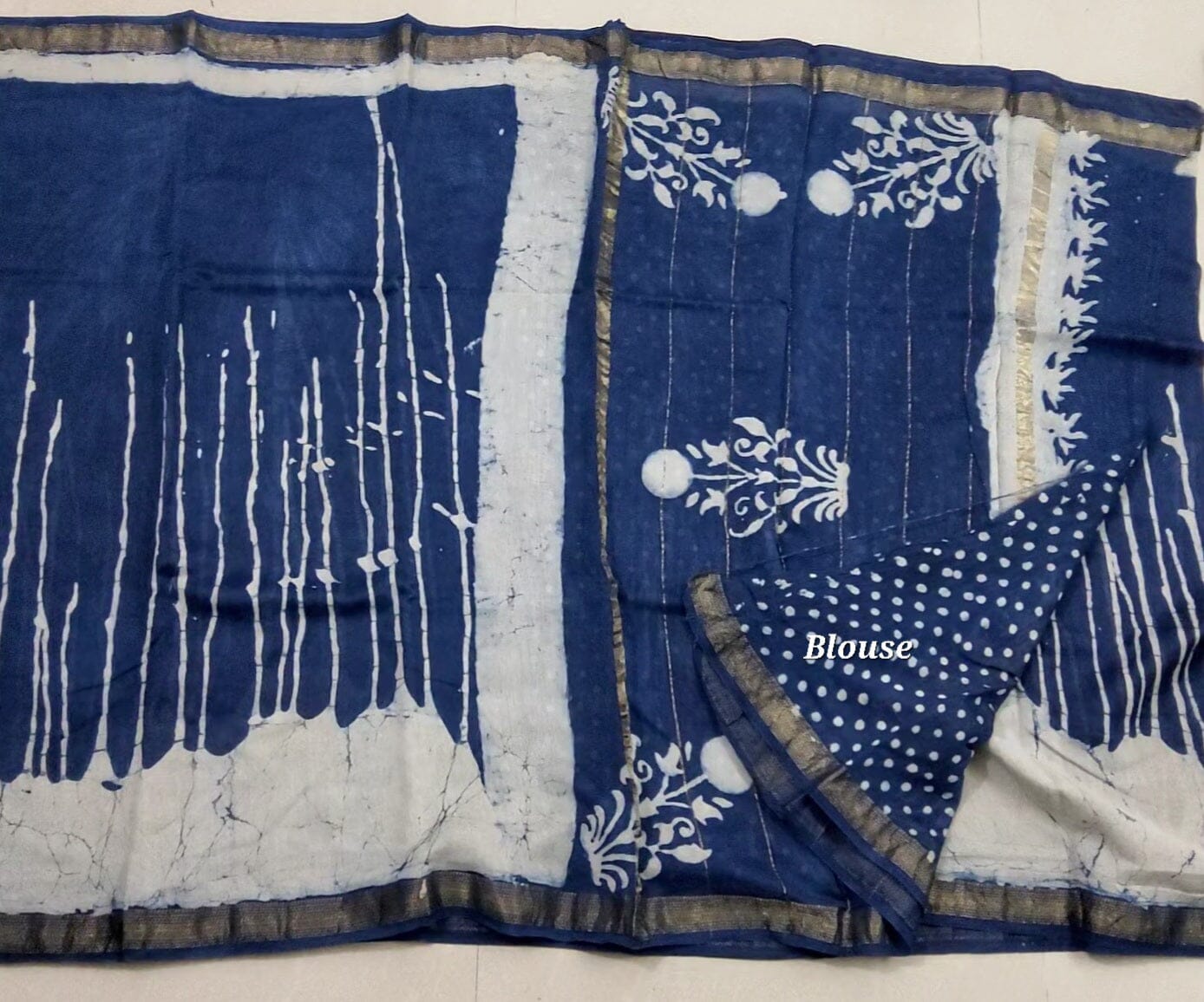 Maheshwari Hand Block Print Silk Saree with Gold zari Border